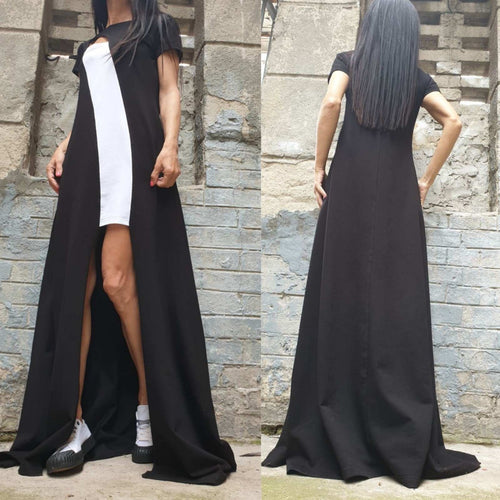 Asymmetric Maxi Black Dress – Long Cotton Dress with Side Slit / Urban Elegant Evening Dress / Short Sleeve Summer Dress