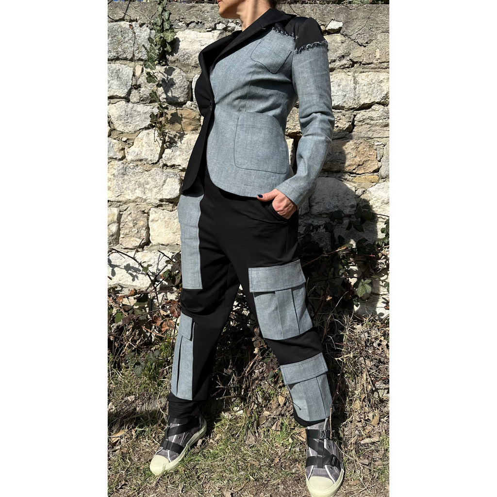 Women’s Two-Piece Suit – Cotton & Denim Blazer and Pants Set / Asymmetric Urban Style
