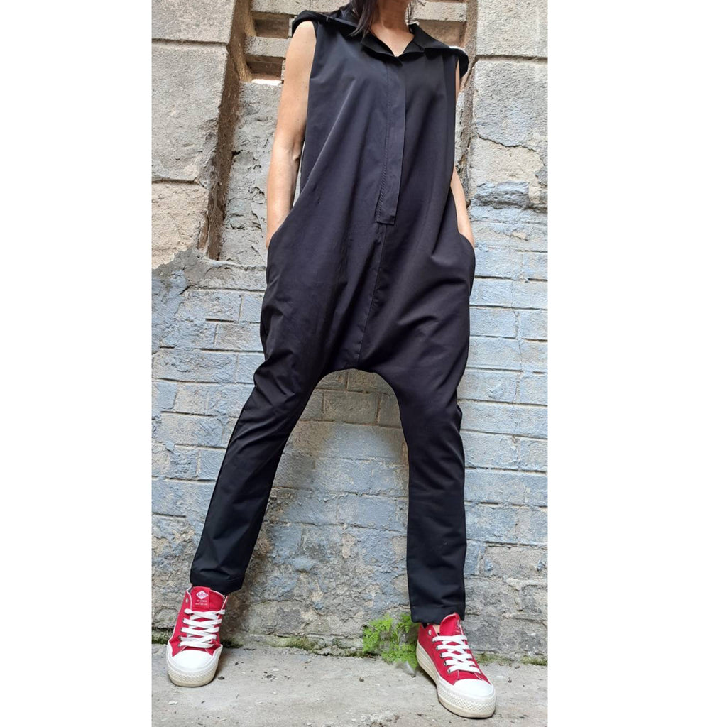 Black Sleeveless Cotton Jumpsuit with Hood – Urban Loose Fit Romper