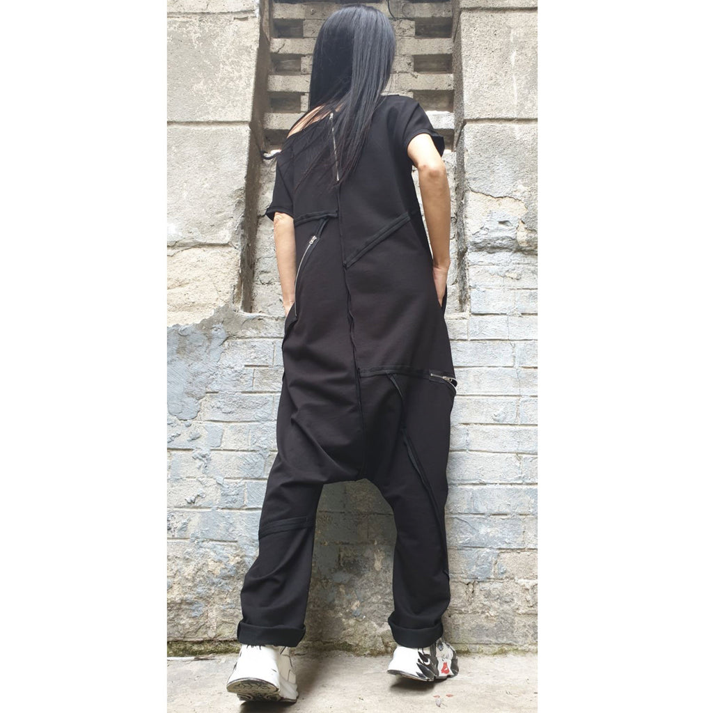 Black Asymmetrical Jumpsuit with Short Sleeves – Designer Cut / Exposed Seams & Zippers / Two-Thread Fleece Romper with Side Pockets