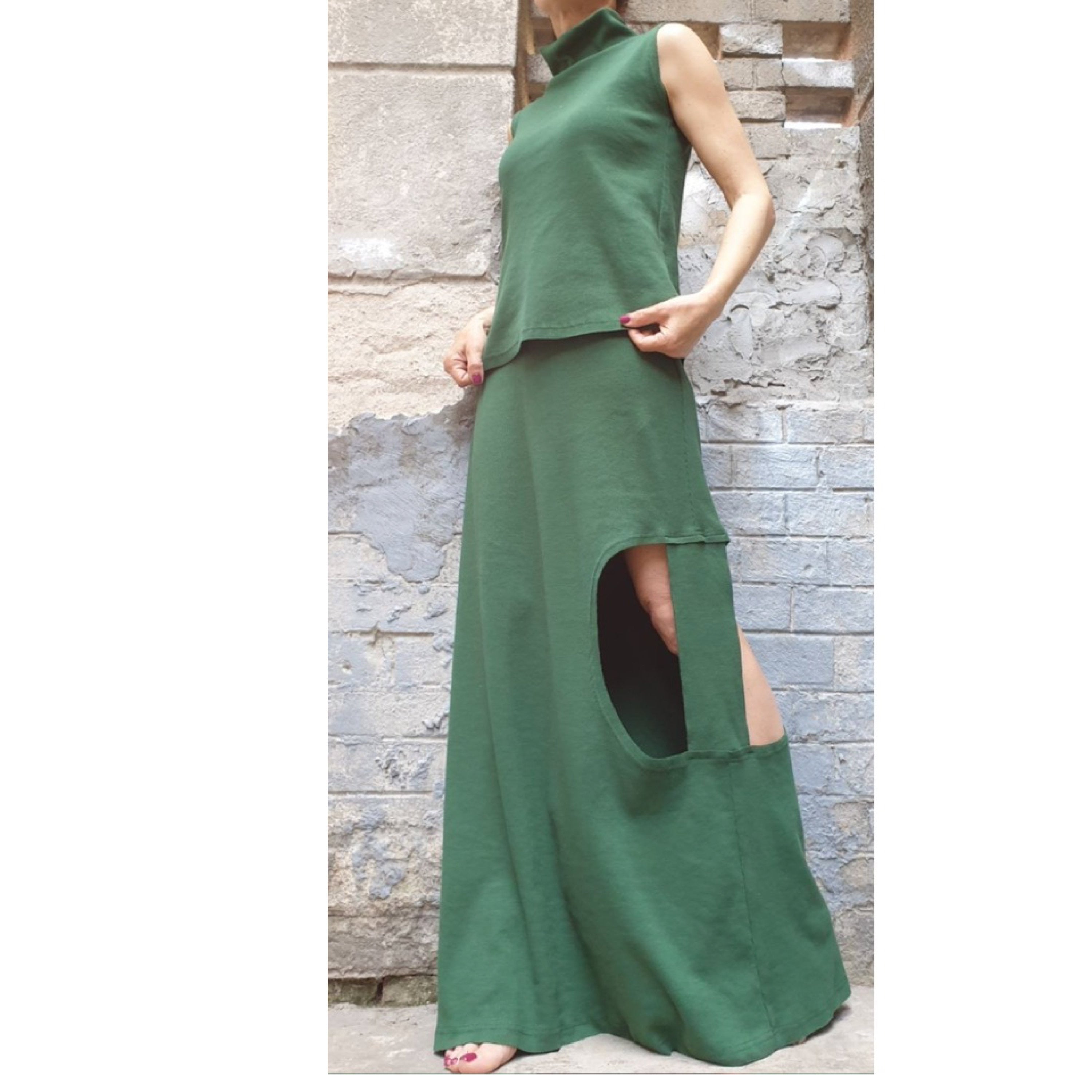 Green Cotton Two Piece Set – Sleeveless Open Back Top & High Waist Maxi Skirt / Modern Avant-Garde Summer Outfit