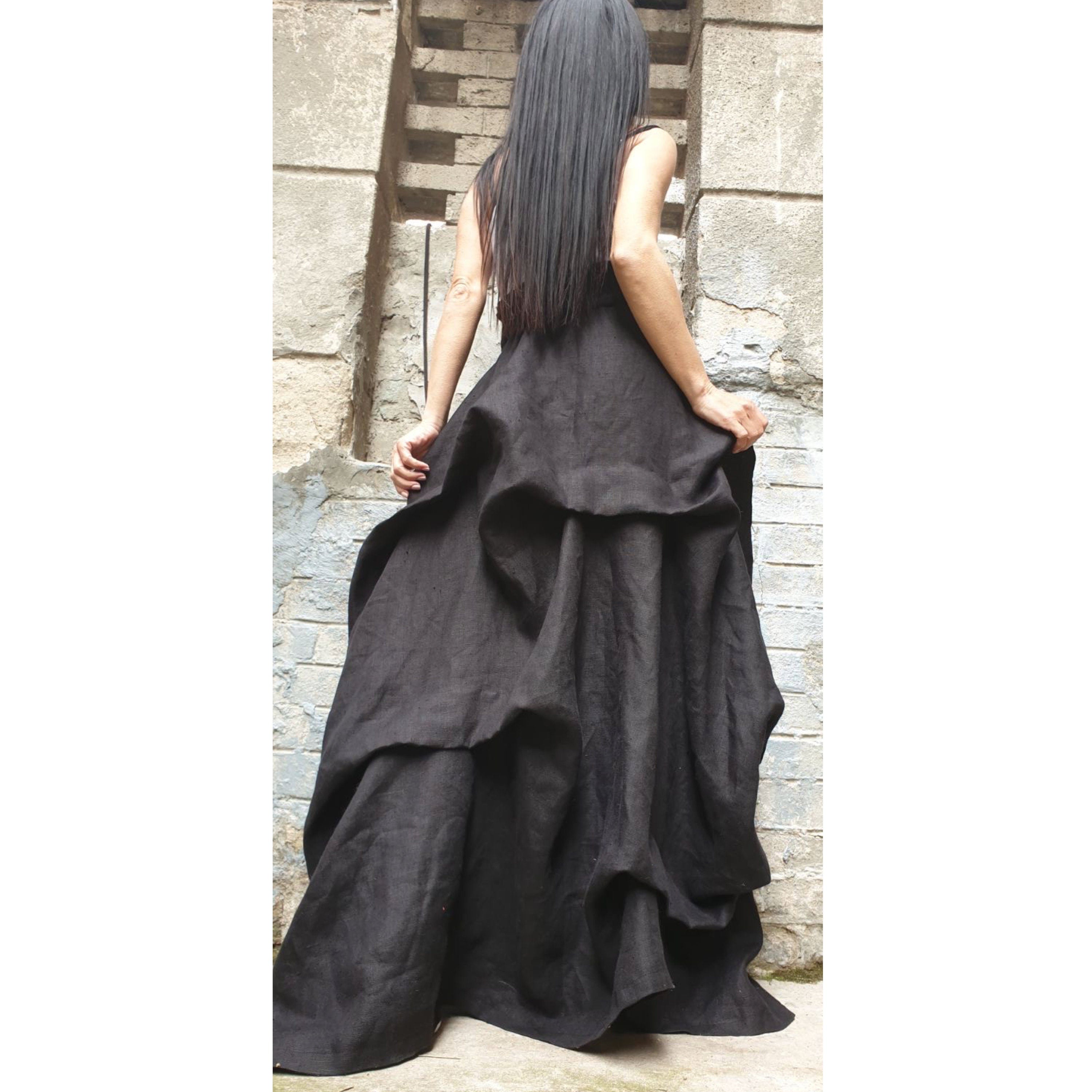 High Waist Linen Maxi Skirt / Avantgarde Asymmetric Black Skirt
