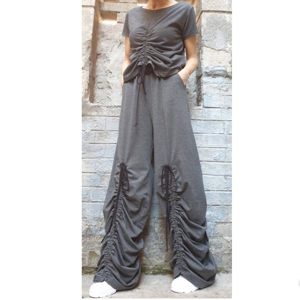 Avant-Garde Wide Leg Pants – Dark Grey Ruched Trousers with High Waist & Pockets