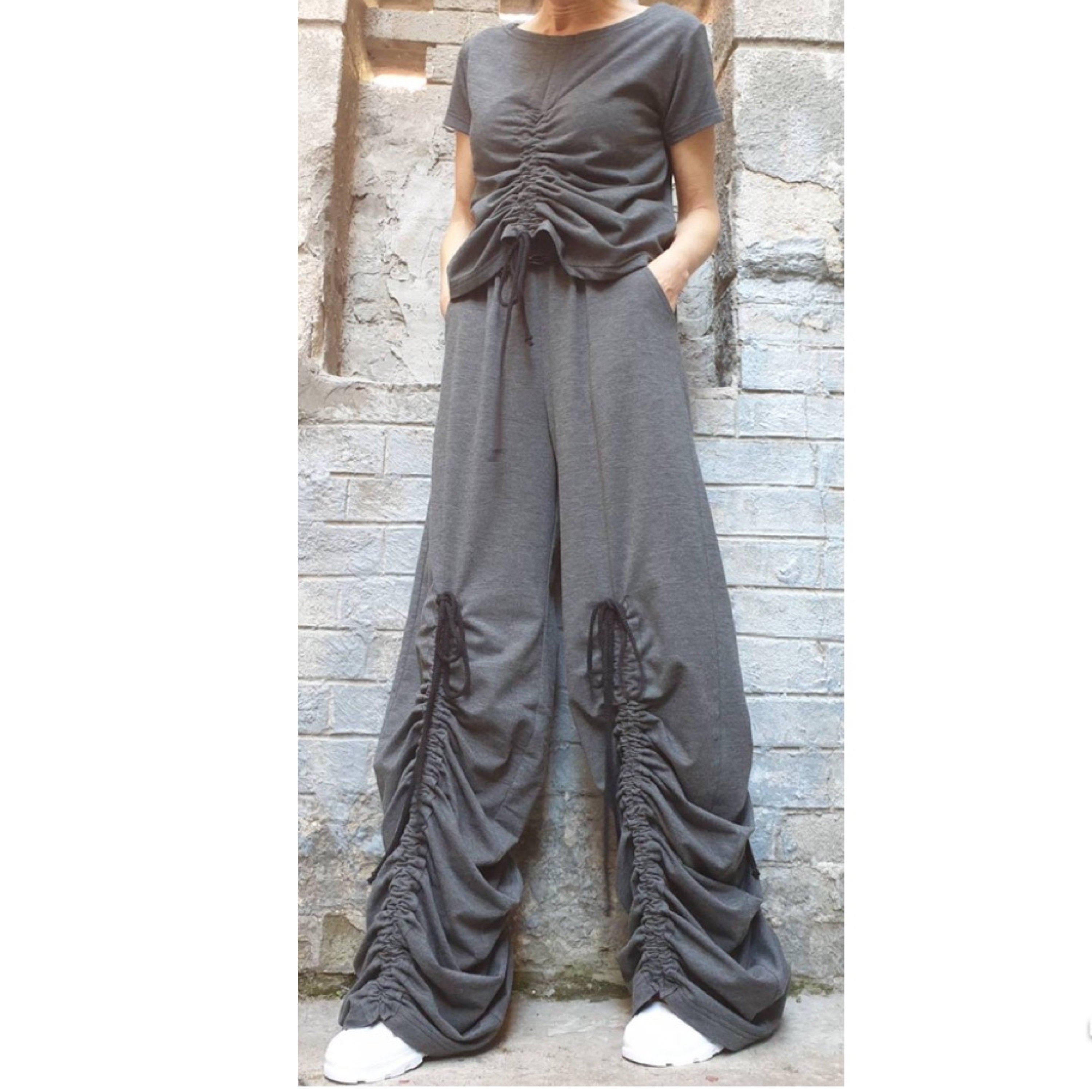 Avant-Garde Wide Leg Pants – Dark Grey Ruched Trousers with High Waist & Pockets