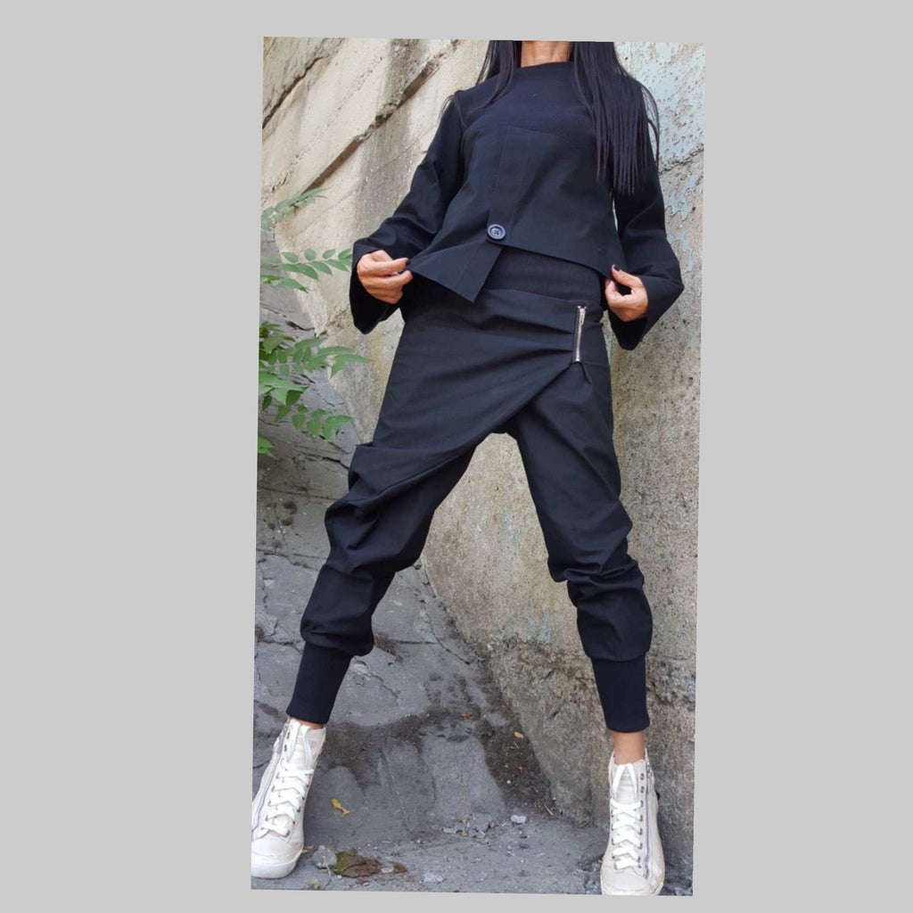 Black Asymmetric Two-Piece Set – Avant-Garde Women’s Outfit / Handmade Cotton Top & Drop Crotch Pants / Minimalist Modern Streetwear