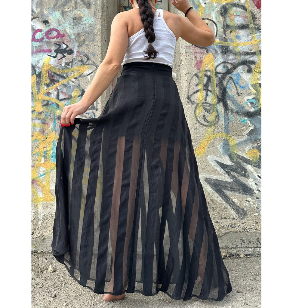 Black Maxi Skirt – High Waist with Cotton and Sheer Organza Stripes