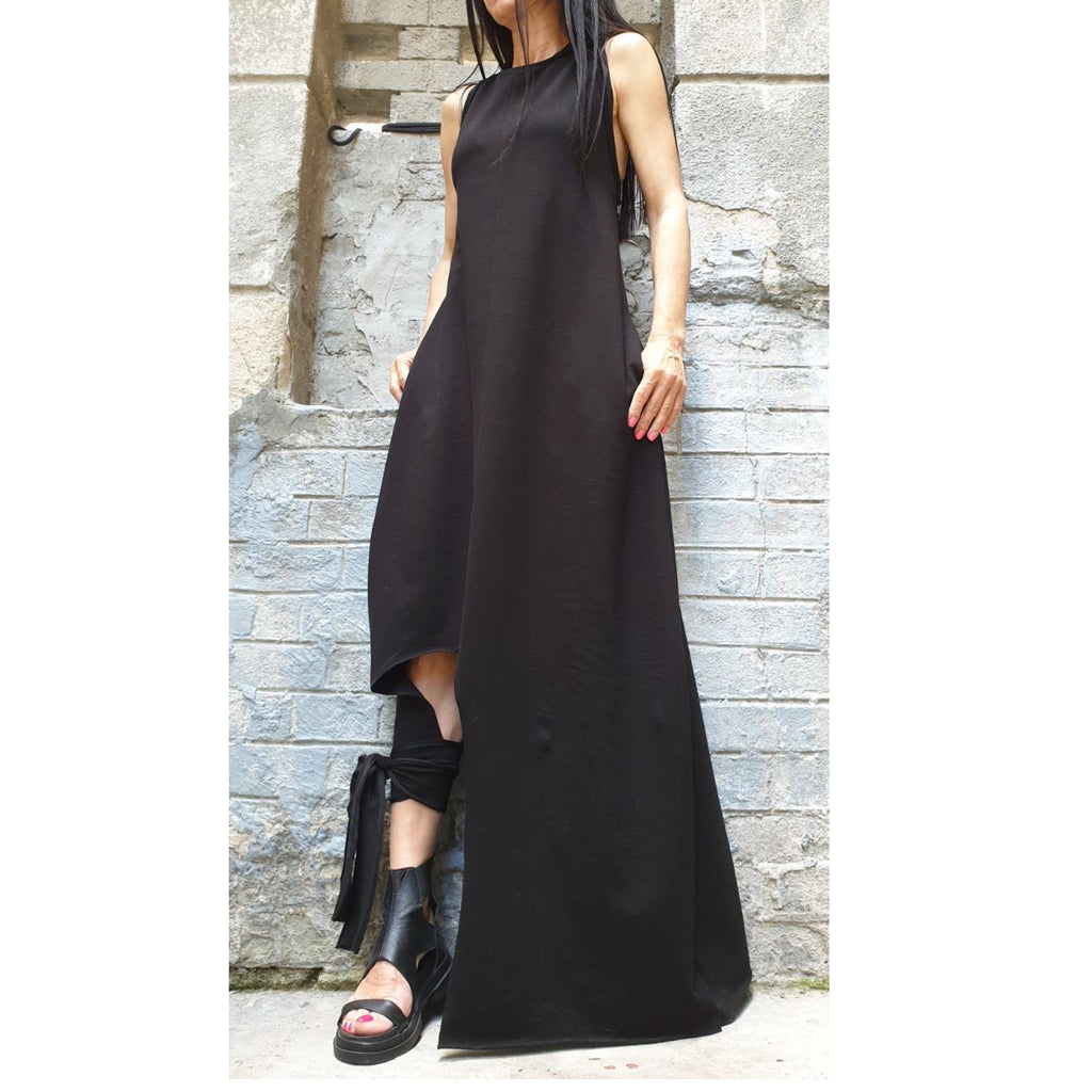 Asymmetrical Black Sleeveless Dress – Avant-Garde Cotton Maxi with Side Pockets