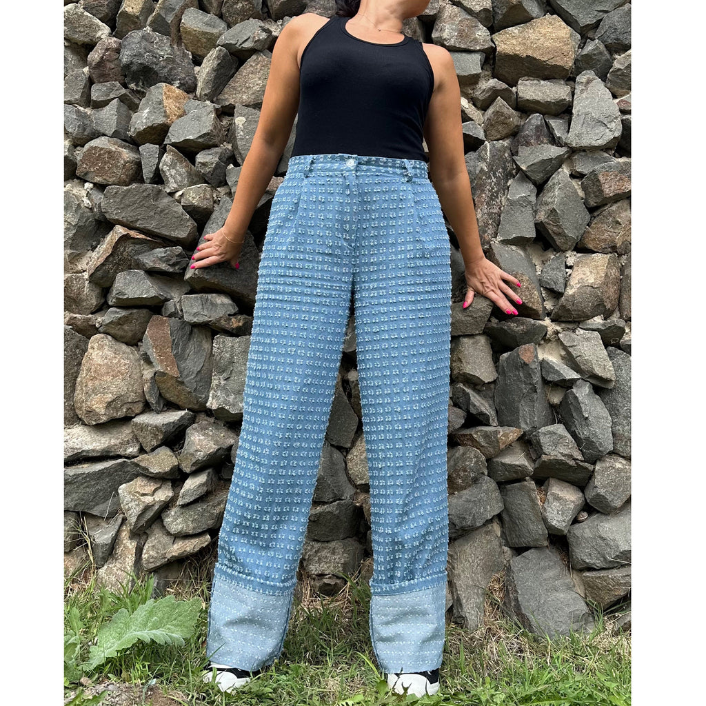 High-Waisted Distressed Denim Pants with Cuffed Hems – Handmade Wide-Leg Jeans with Pockets