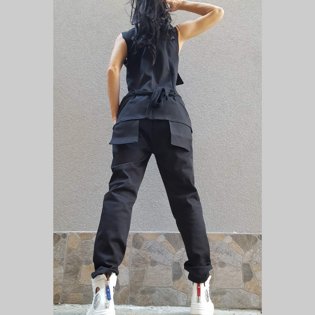 Black Cotton Jumpsuit with Asymmetric Details – Sleeveless Designer Overall