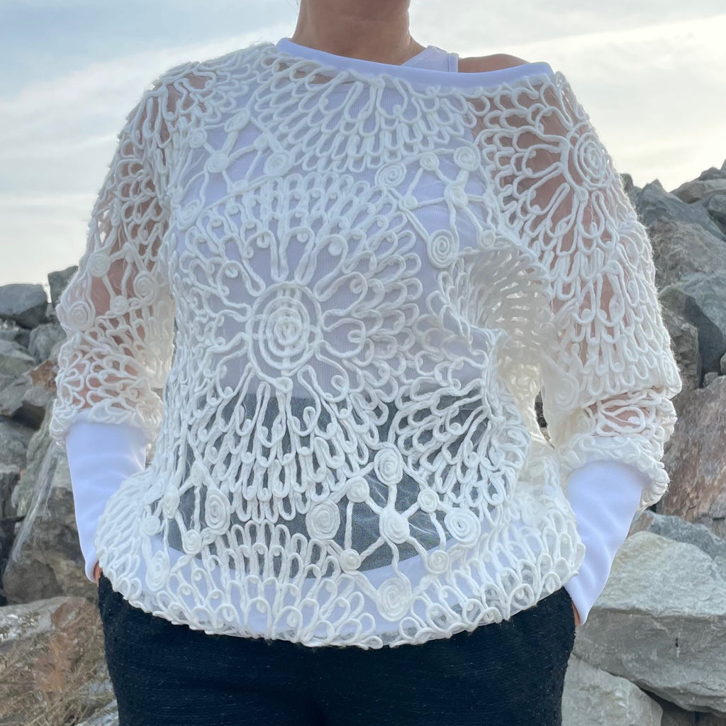 Knit Tulle Blouse: Long Sleeve Cotton Blend Top