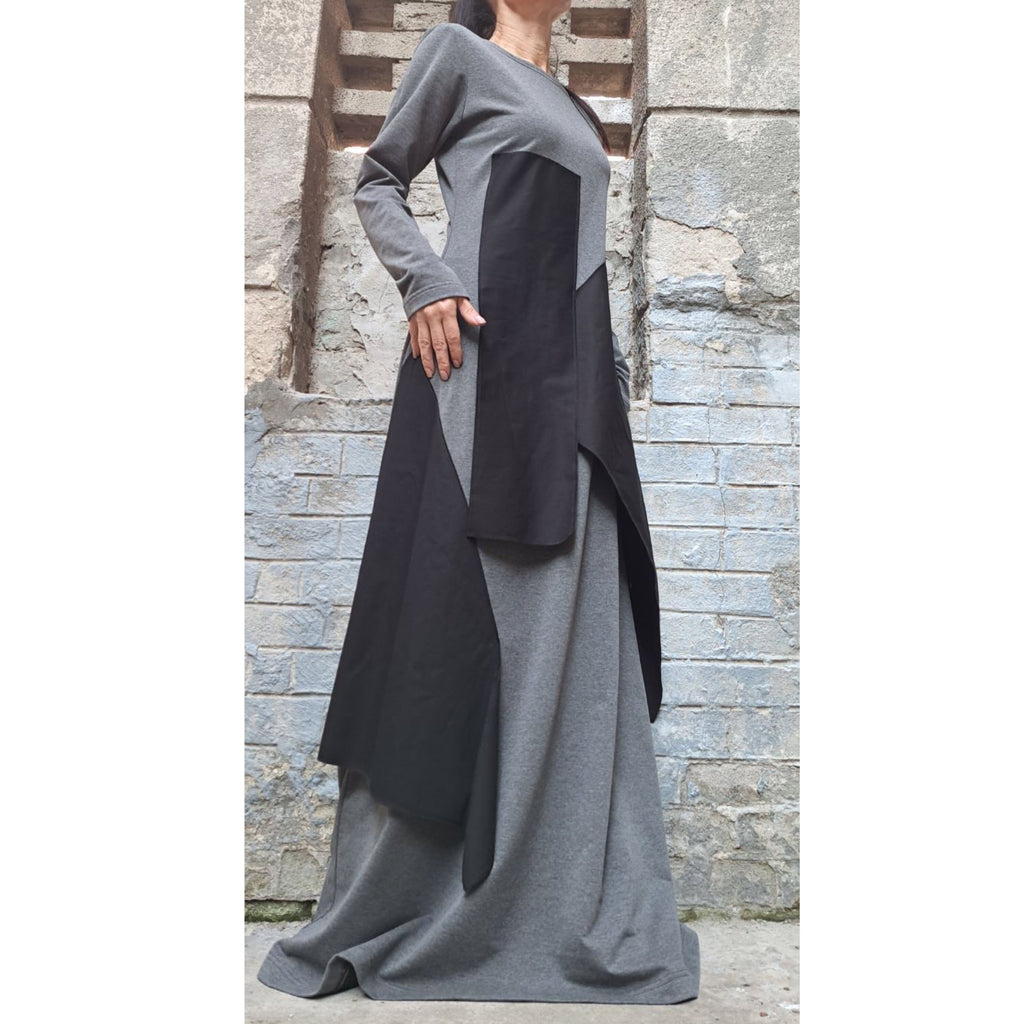 Asymmetrical Maxi Cotton Dress – Long Sleeve Grey Dress with Black Panels / Minimalist A-Line Kaftan / Handmade Casual Loose Dress