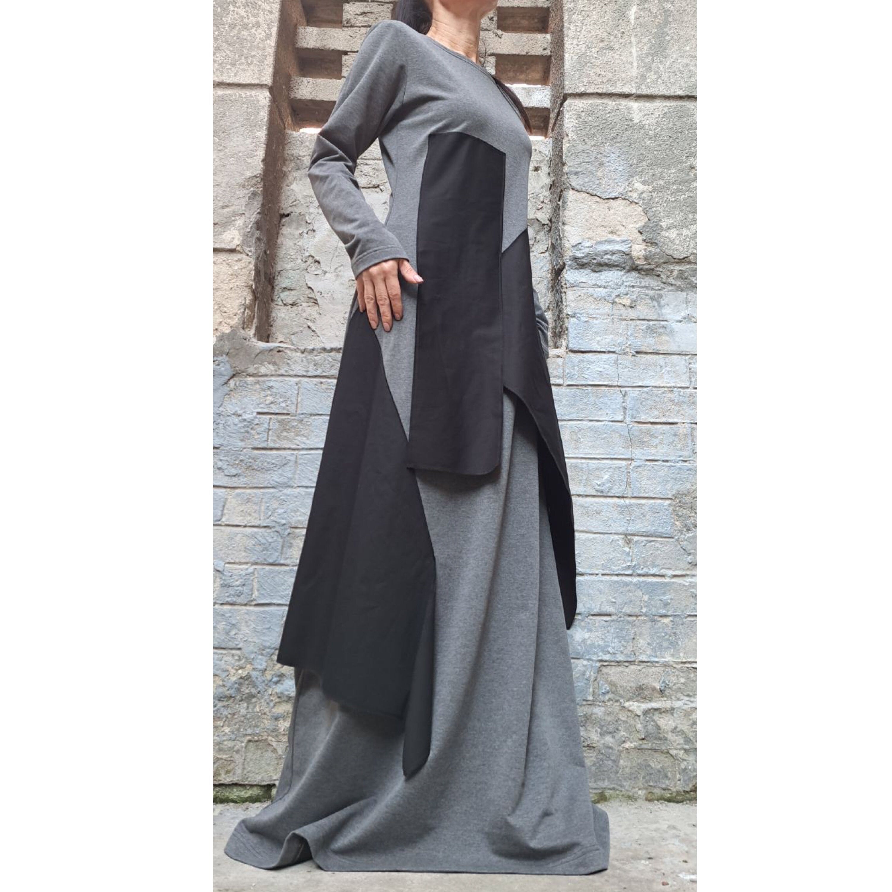 Asymmetrical Maxi Cotton Dress – Long Sleeve Grey Dress with Black Panels / Minimalist A-Line Kaftan / Handmade Casual Loose Dress