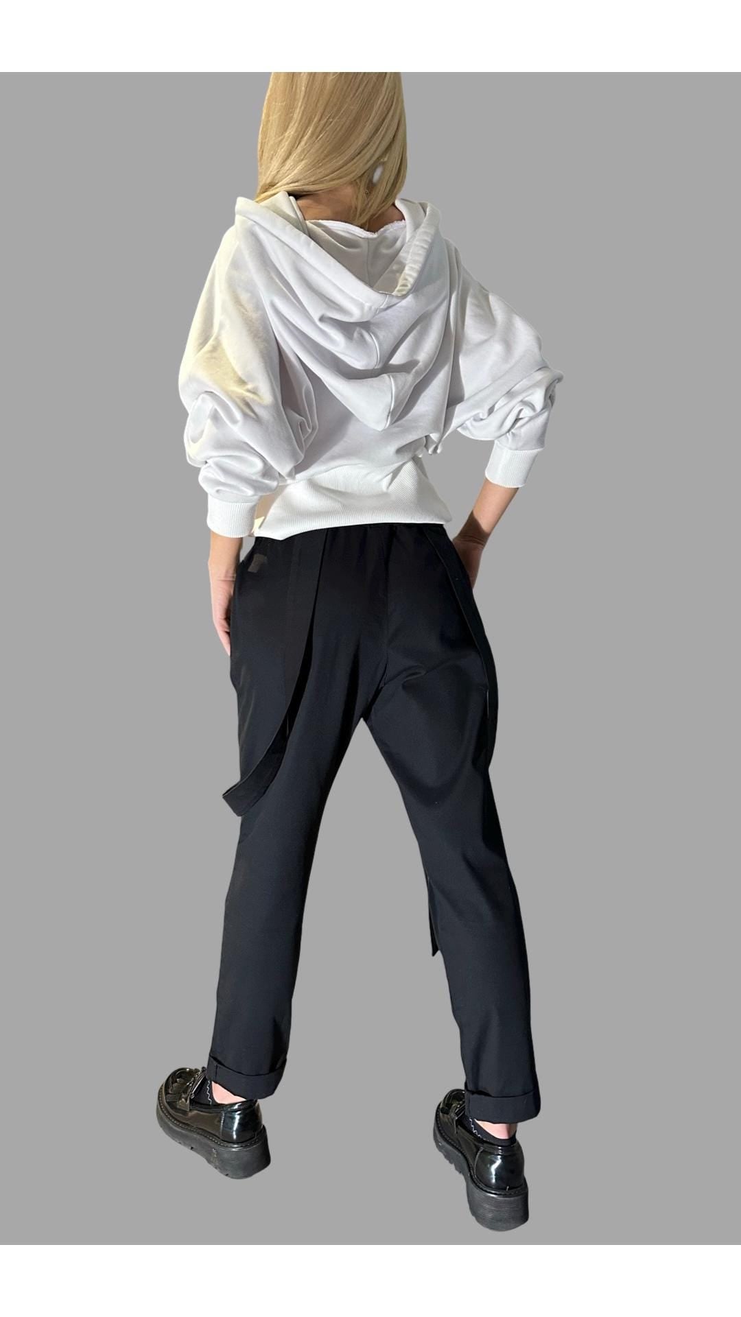 Women’s Black Casual Pants with Straps / Cotton Trousers with Elastic Waist and Buckles / Urban Everyday Pants