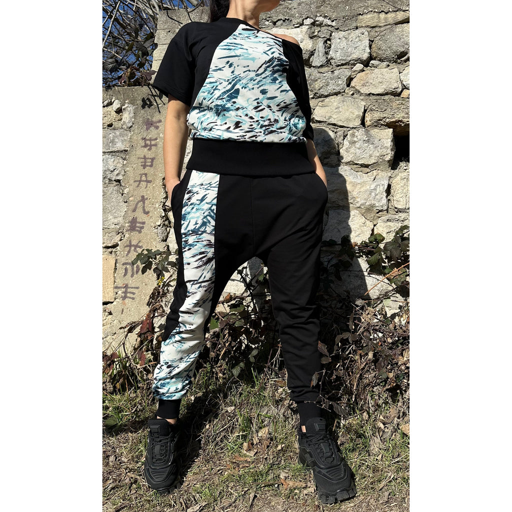 Streetwear Cotton Tracksuit – Handmade Jogger Pants and Short Sleeve Top with Neoprene Patches