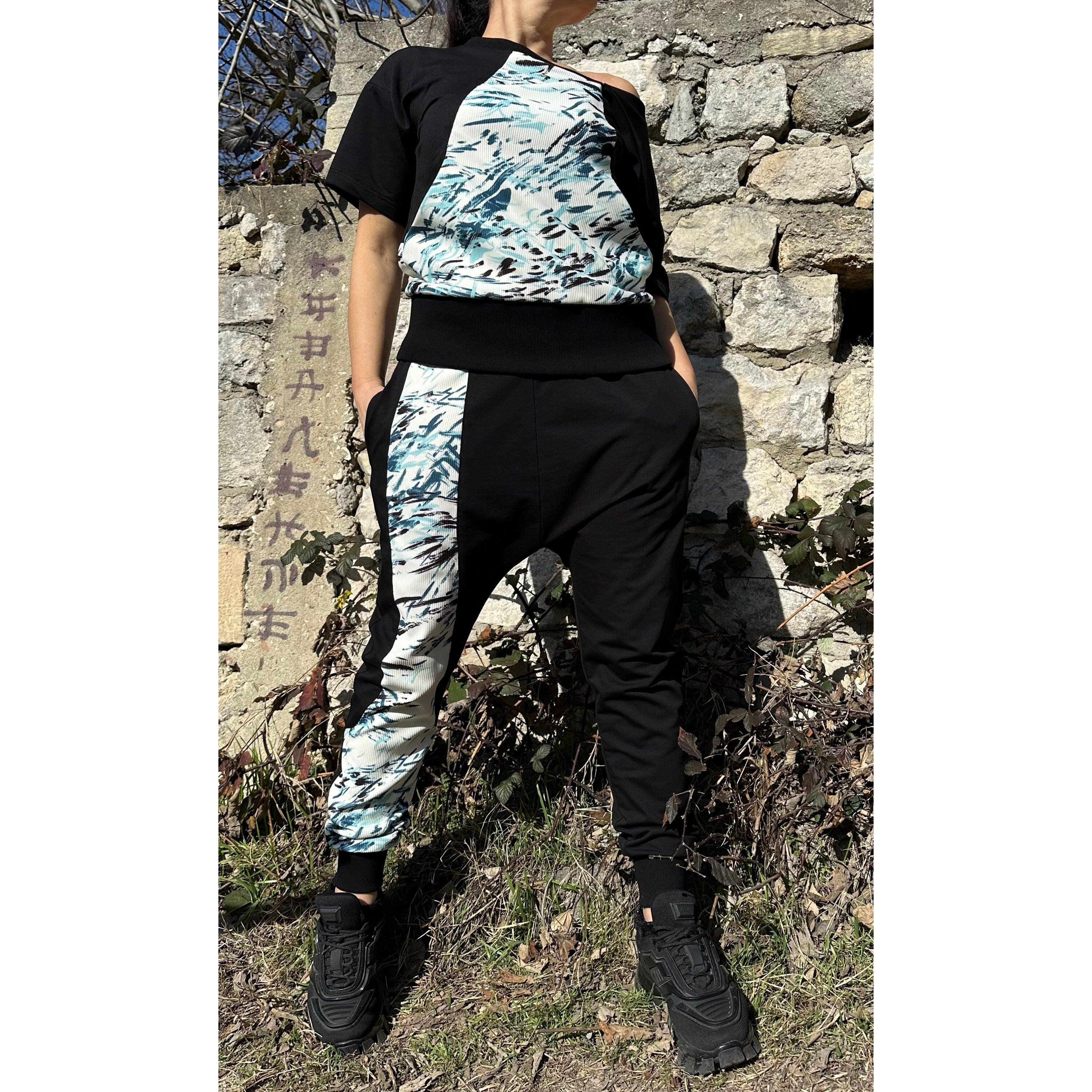 Streetwear Cotton Tracksuit – Handmade Jogger Pants and Short Sleeve Top with Neoprene Patches