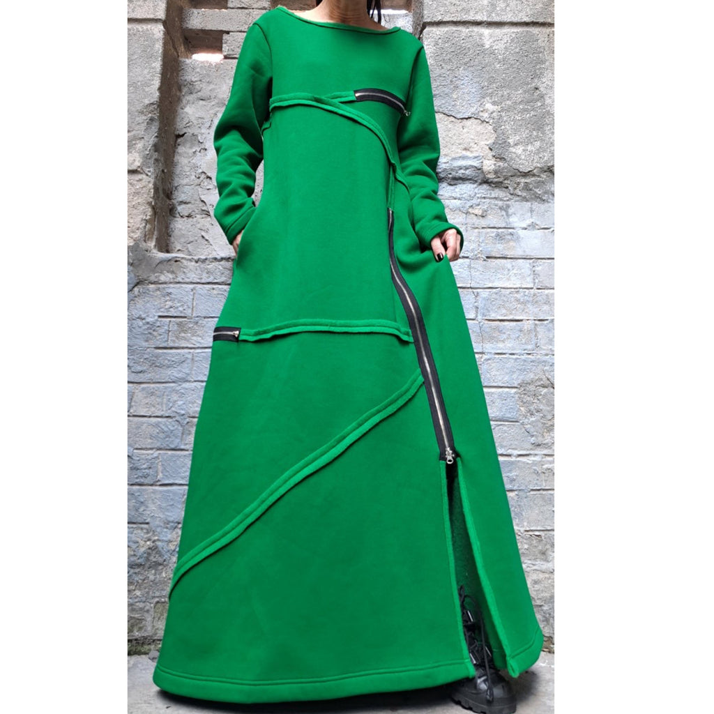 Winter Long Maxi Dress – Avant-Garde Asymmetric Warm Fleece Dress with Zippers / Green Three-Thread Cotton Sweatshirt Dress / Oversized Casu
