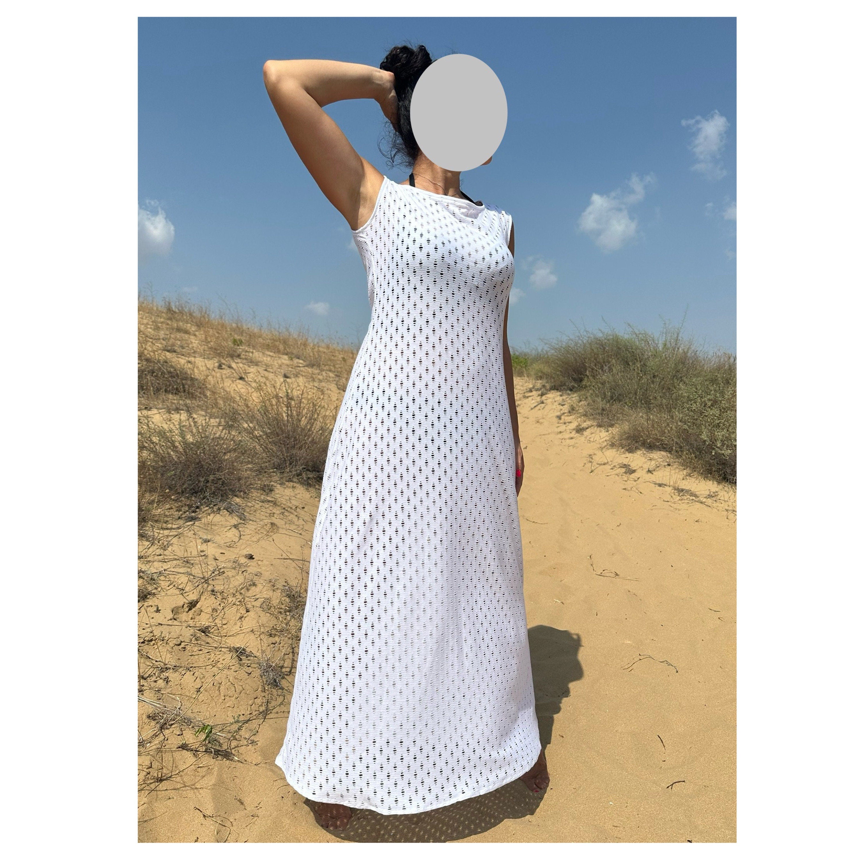 White Cotton Knit Maxi Dress / Sleeveless Summer Beach Dress
