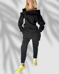 Black Winter Tracksuit for Women – Asymmetric Off-Shoulder Sweatshirt & High-Waist Joggers / Thick Three-Thread Fleece Designer Set / Warm T