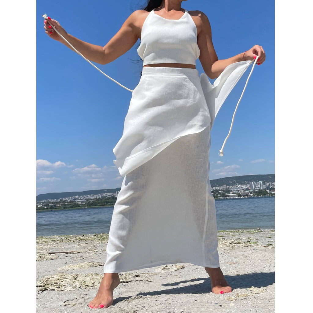 Asymmetrical High-Waisted White Linen Skirt with Wrap Tie Panels – Handmade Minimalist Summer Skirt