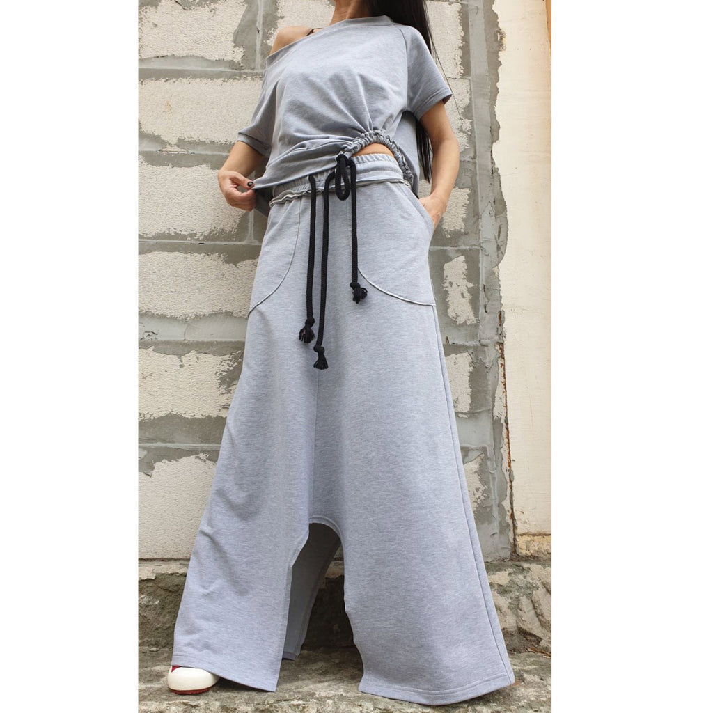 Asymmetric One Shoulder Cotton Blouse with Drawstring / Grey Short Sleeve Top / Urban Casual Designer Shirt