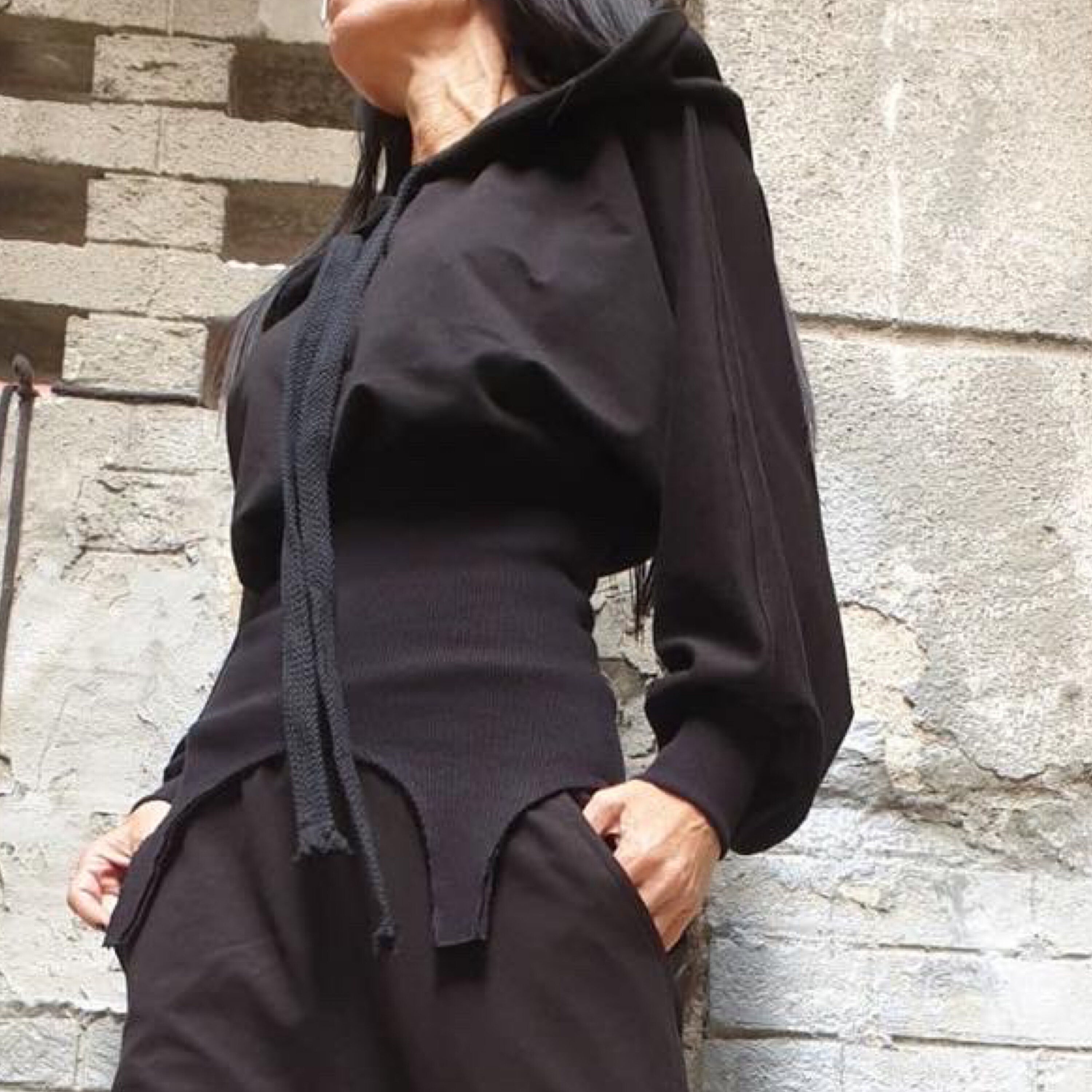 Asymmetric Hooded Blouse – Black Cotton Stretch Top with Ribbed Waist / Avant-Garde Long Sleeve Hoodie / Women’s Urban Fashion