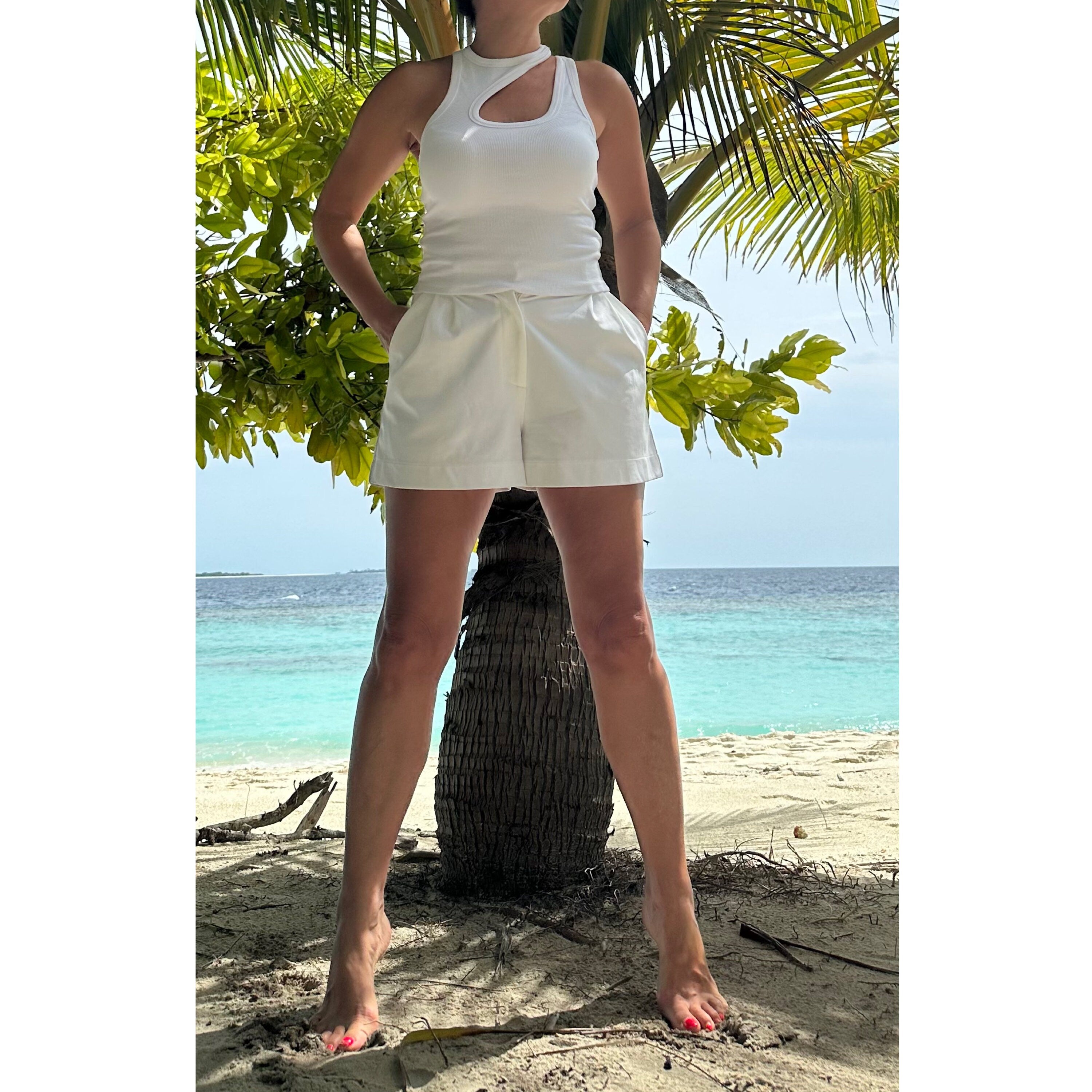 Asymmetric White Cotton Tank Top: Double Strap Sleeveless Beach Wear