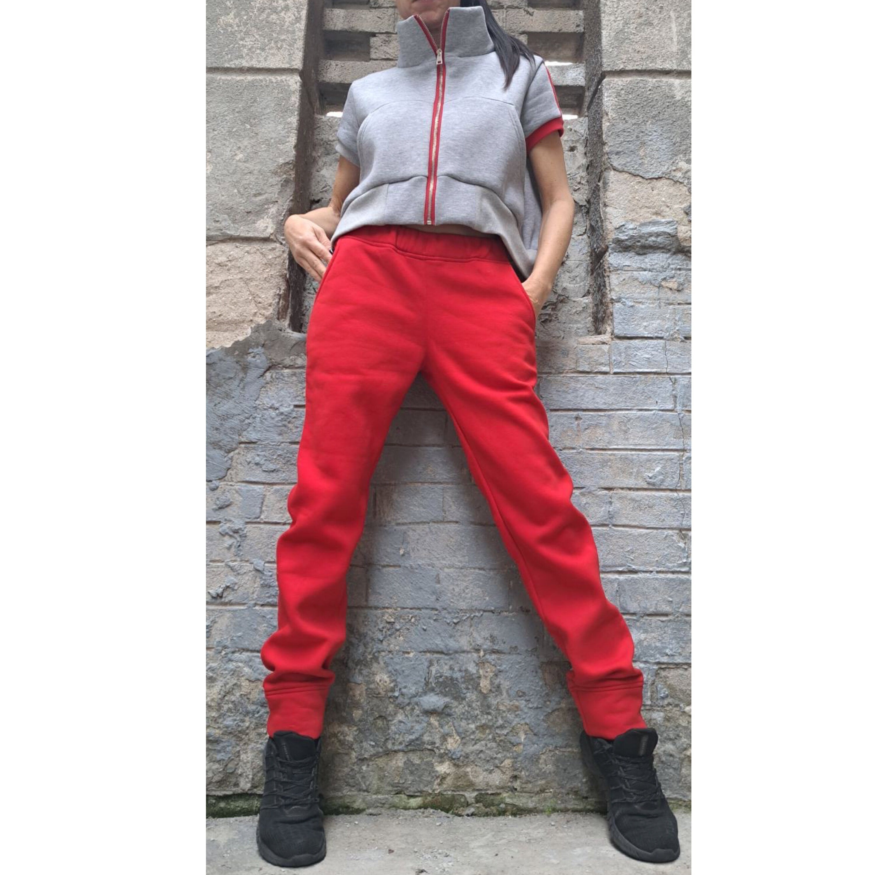 Red & Gray Tracksuit Set: High Waist Pants, Short Sleeve Top