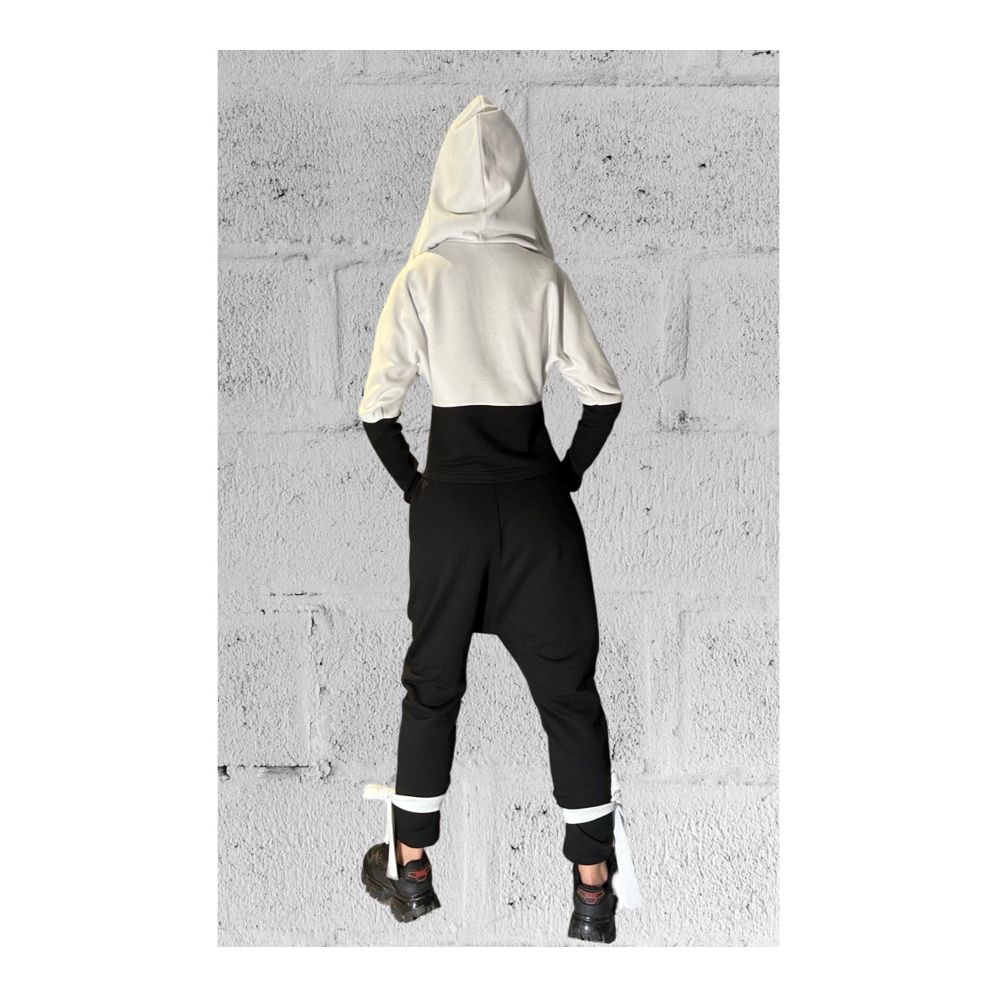Black & White Avant-Garde Tracksuit Set / Harem Pants and Cropped Zip Hoodie / Handmade Urban Look