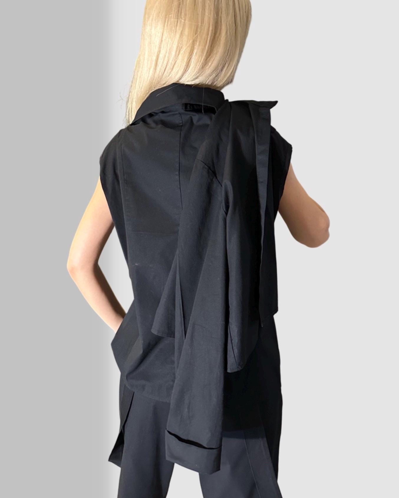 Avant-Garde Black Women’s Shirt / Two-Piece Sleeveless Shirt with Detachable Long Sleeve / Designer Statement Top