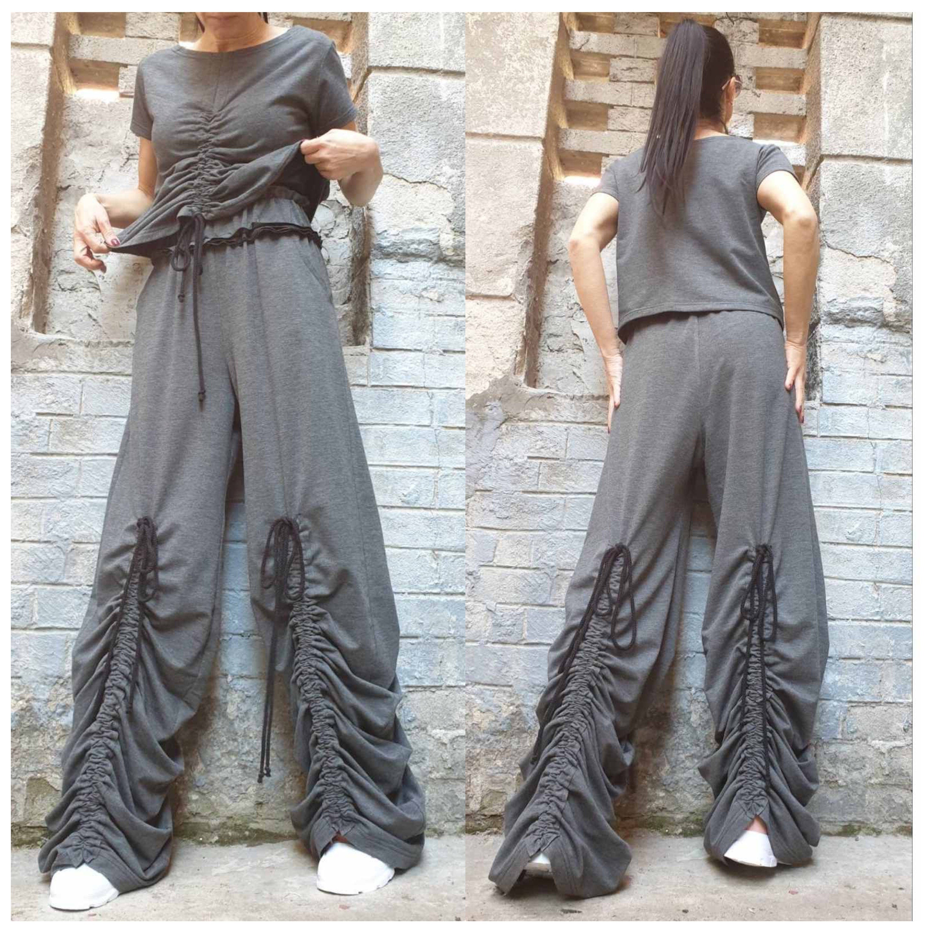 Avant-Garde Wide Leg Pants – Dark Grey Ruched Trousers with High Waist & Pockets