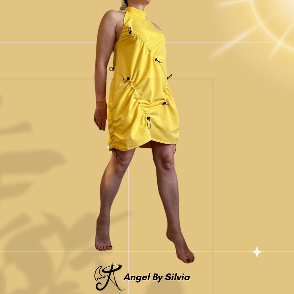 Yellow Drawstring Summer Dress – Sleeveless Halter Style with Adjustable Ruching