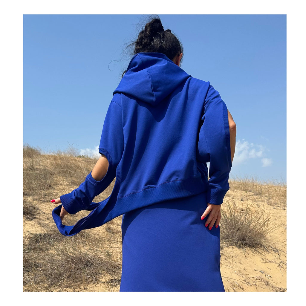 Asymmetric Blue Hoodie with Zipper and Cut-Out Sleeves – Summer & Spring Streetwear