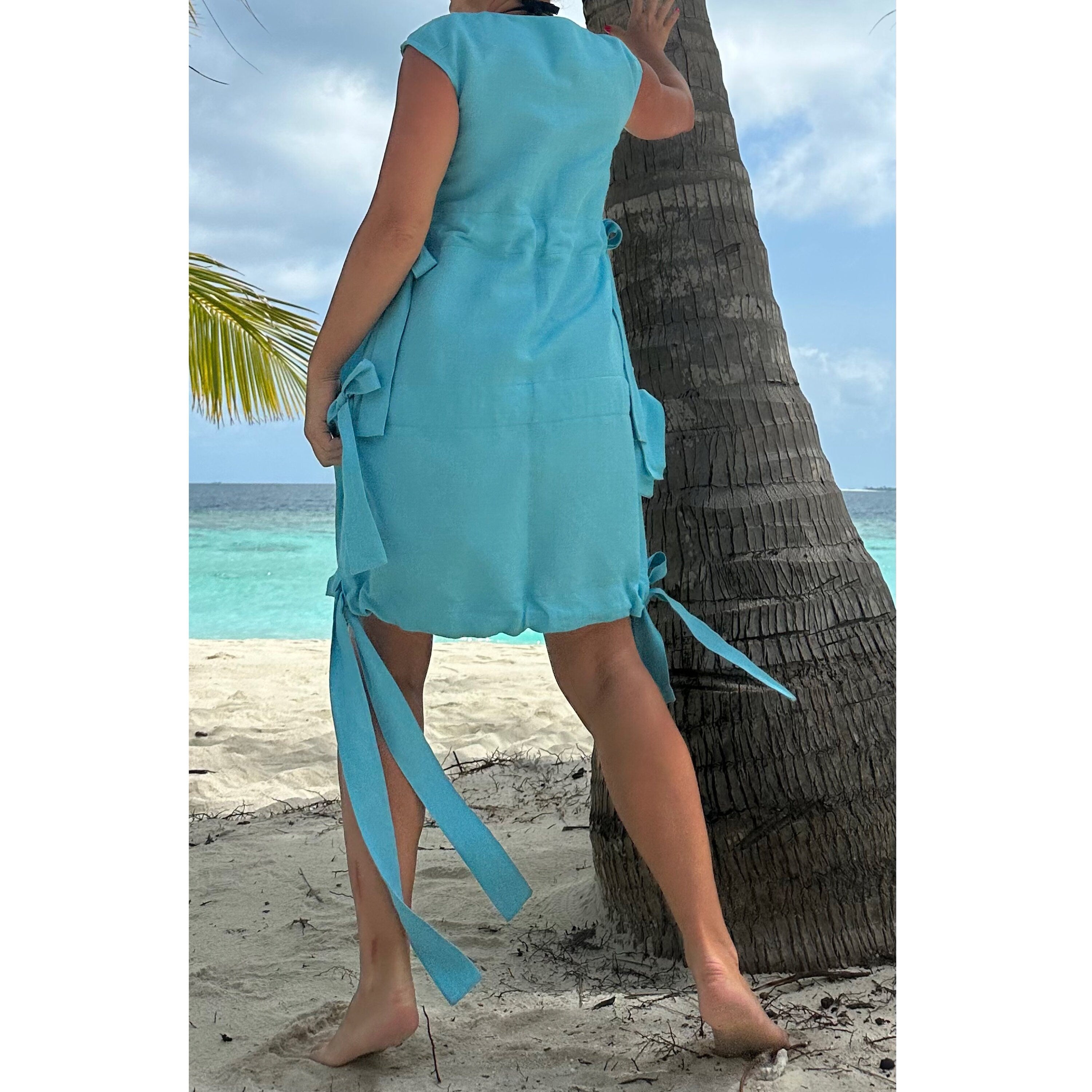 Women’s Light Blue Linen Dress – Sleeveless Summer Tunic with Side Ties / Beachwear Resort