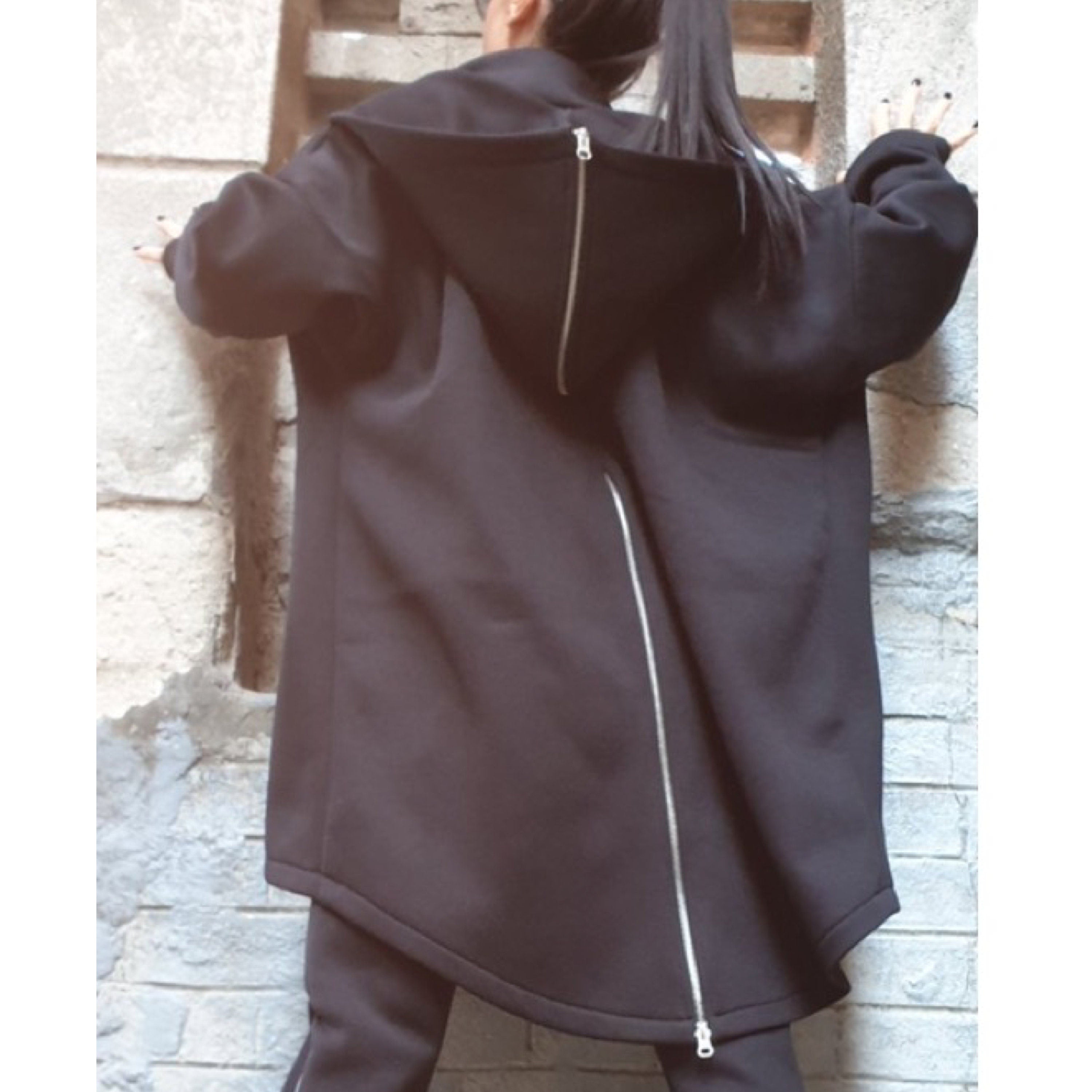 Asymmetric Black Cotton MIDI Coat with Hood – Warm Three-Thread Fleece / Double Zippers / Avant-Garde Jacket