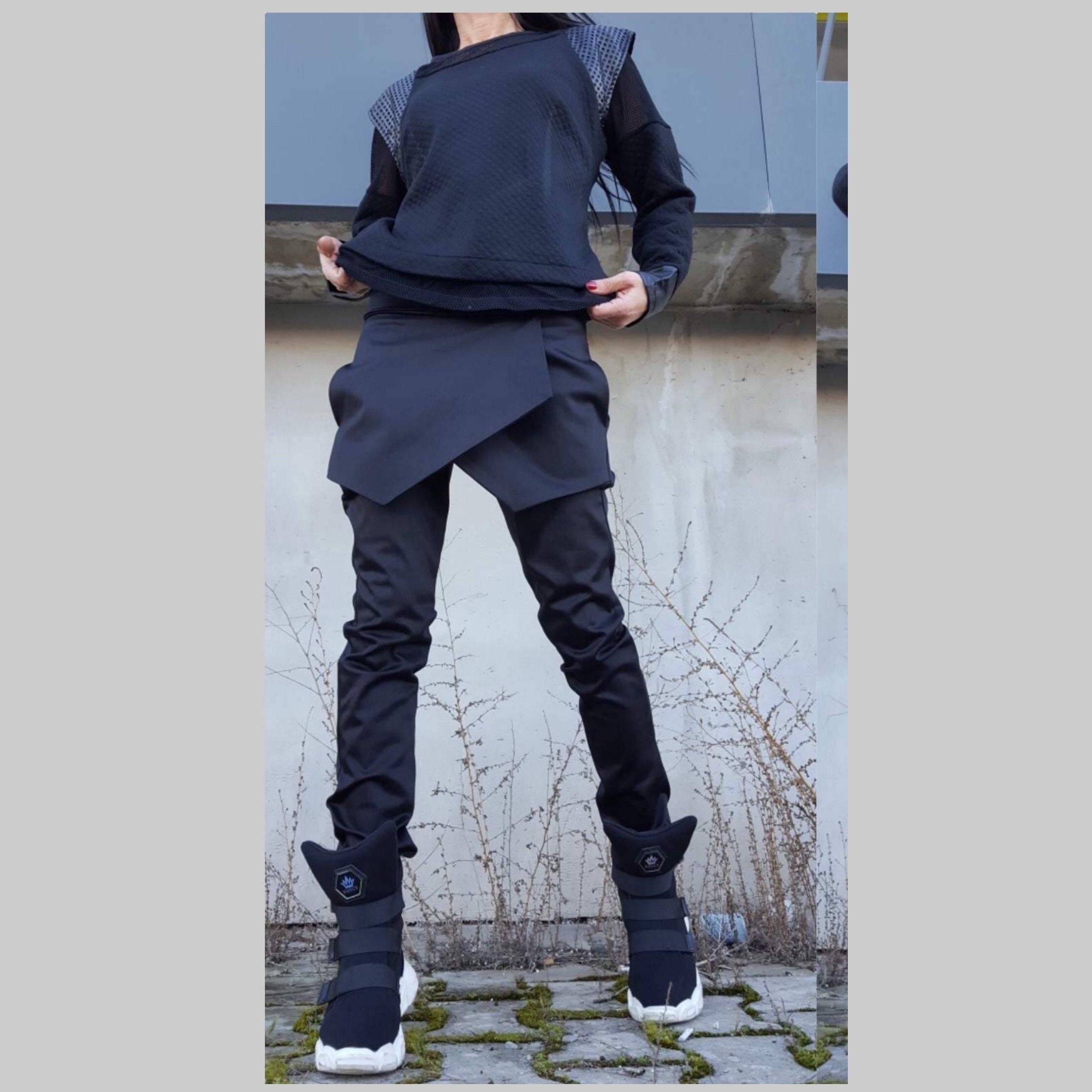 Black Cotton Designer Pants with Asymmetrical Front Detail / Avant-Garde Side Pockets Pants