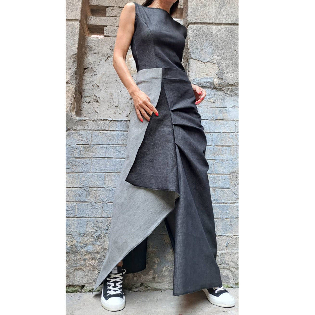 Asymmetric Denim Maxi Dress – Avant Garde A-Line Jean Dress with Side Slit / Women’s Streetwear Sculptural Dress