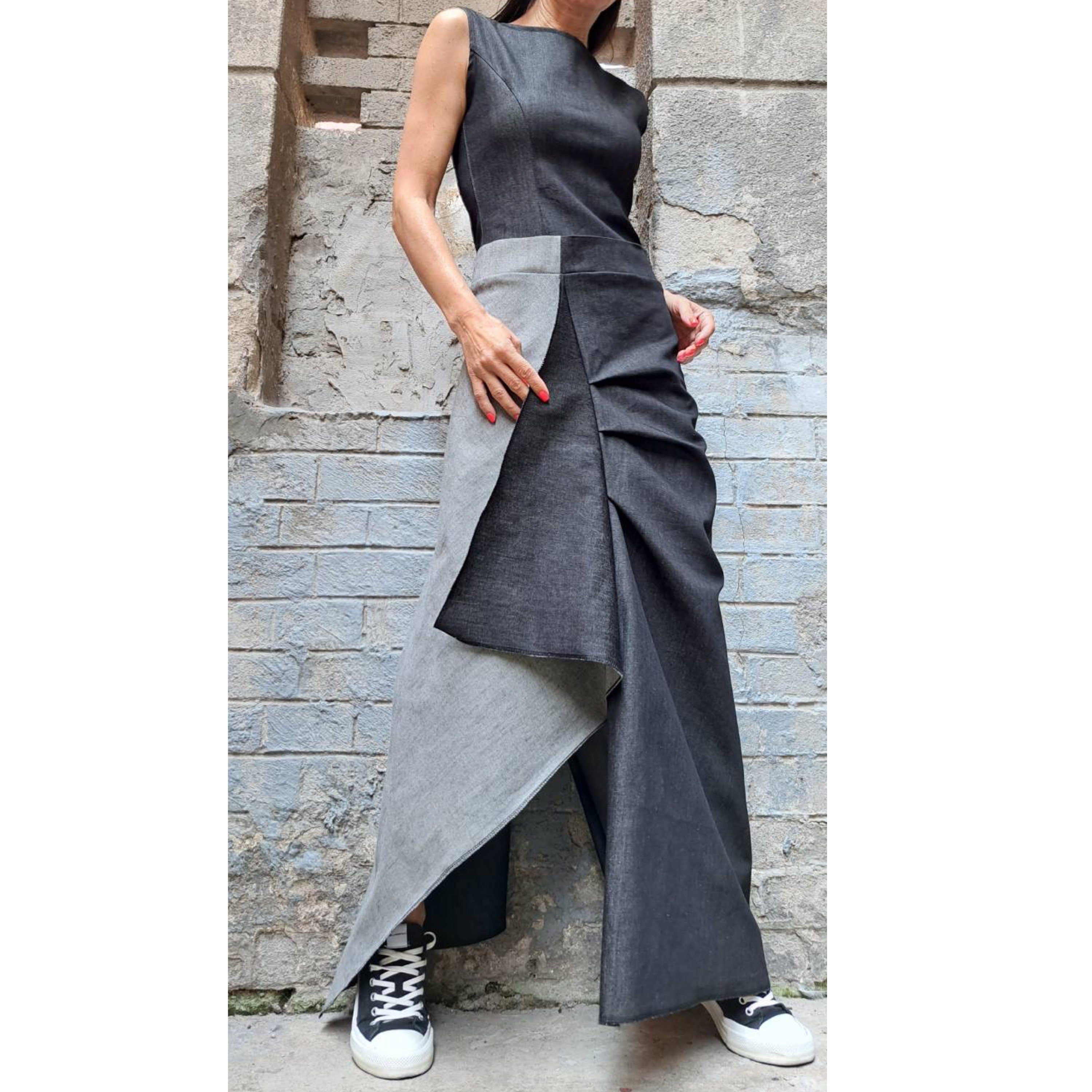 Asymmetric Denim Maxi Dress – Avant Garde A-Line Jean Dress with Side Slit / Women’s Streetwear Sculptural Dress