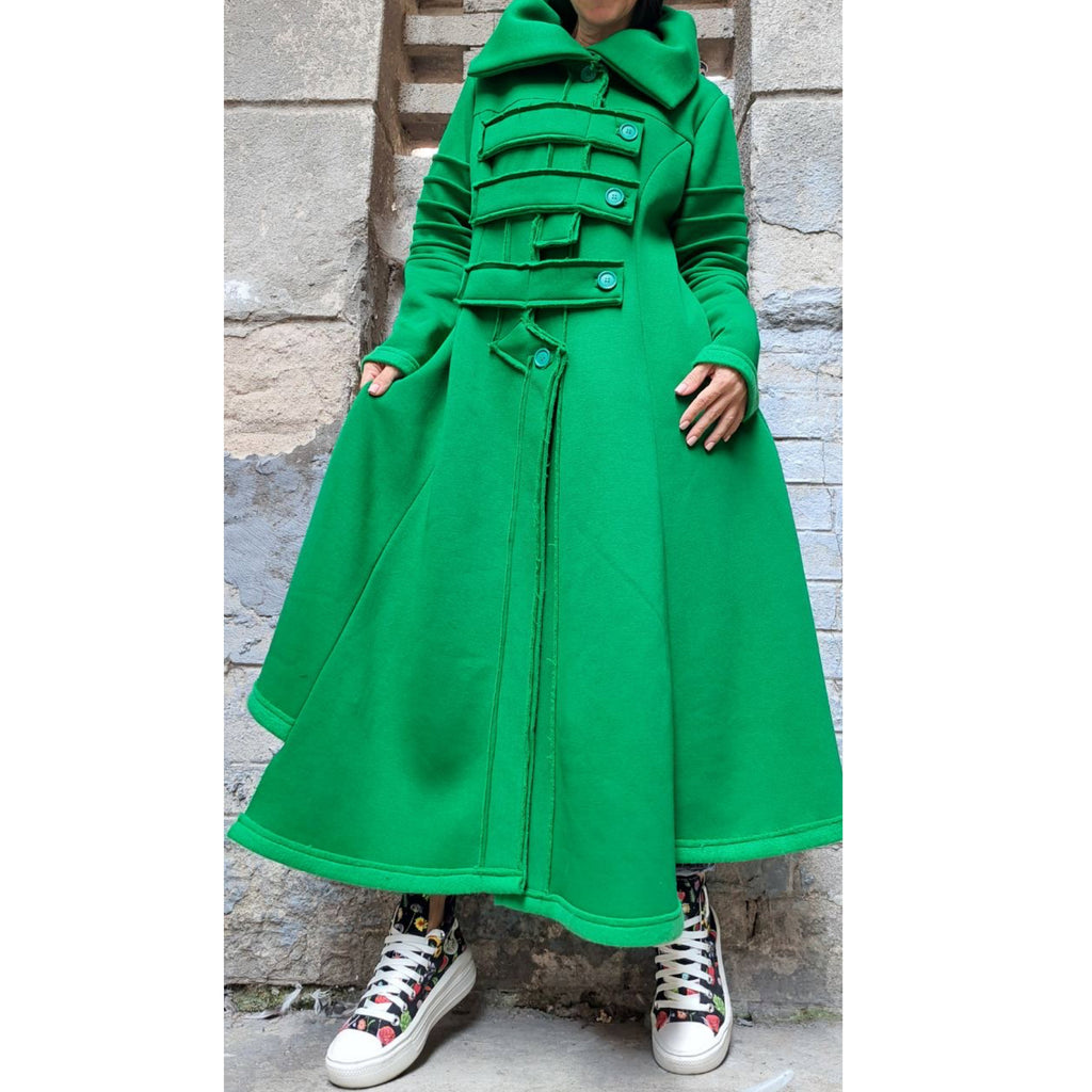 Avant-Garde Green Winter Coat for Women – Asymmetric Fleece Maxi Coat with High Collar / Long Warm Coat / Designer Statement Outerwear