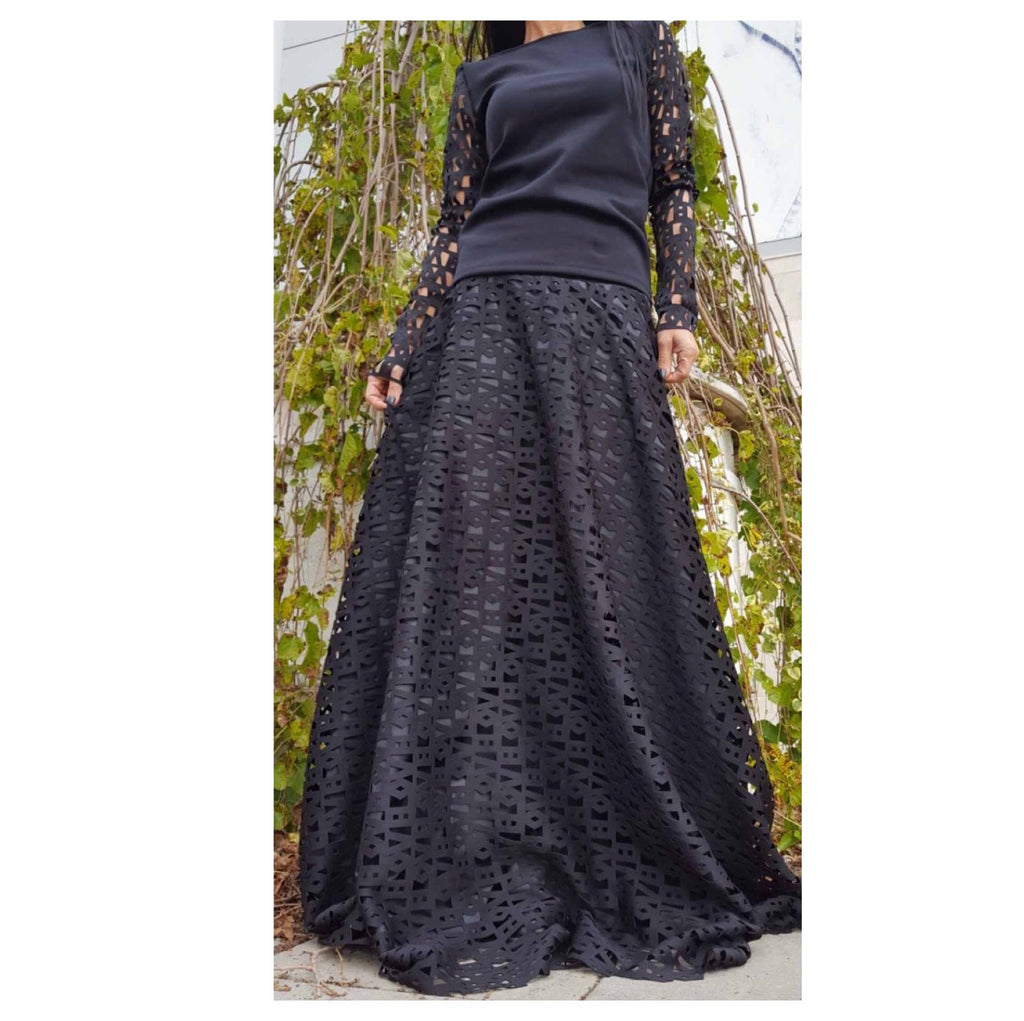 Black Neoprene Maxi Skirt – High Waist Flared Skirt with Elastic Waistband / Laser-Cut Pattern /Gothic Elegant A-Line Skirt