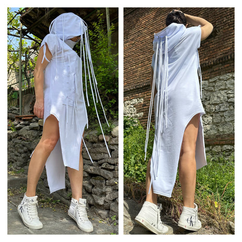 Asymmetric White Cotton Tunic: Hooded Fringe Top