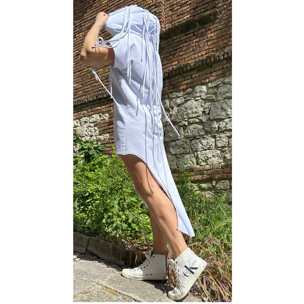 Asymmetric White Cotton Tunic: Hooded Fringe Top