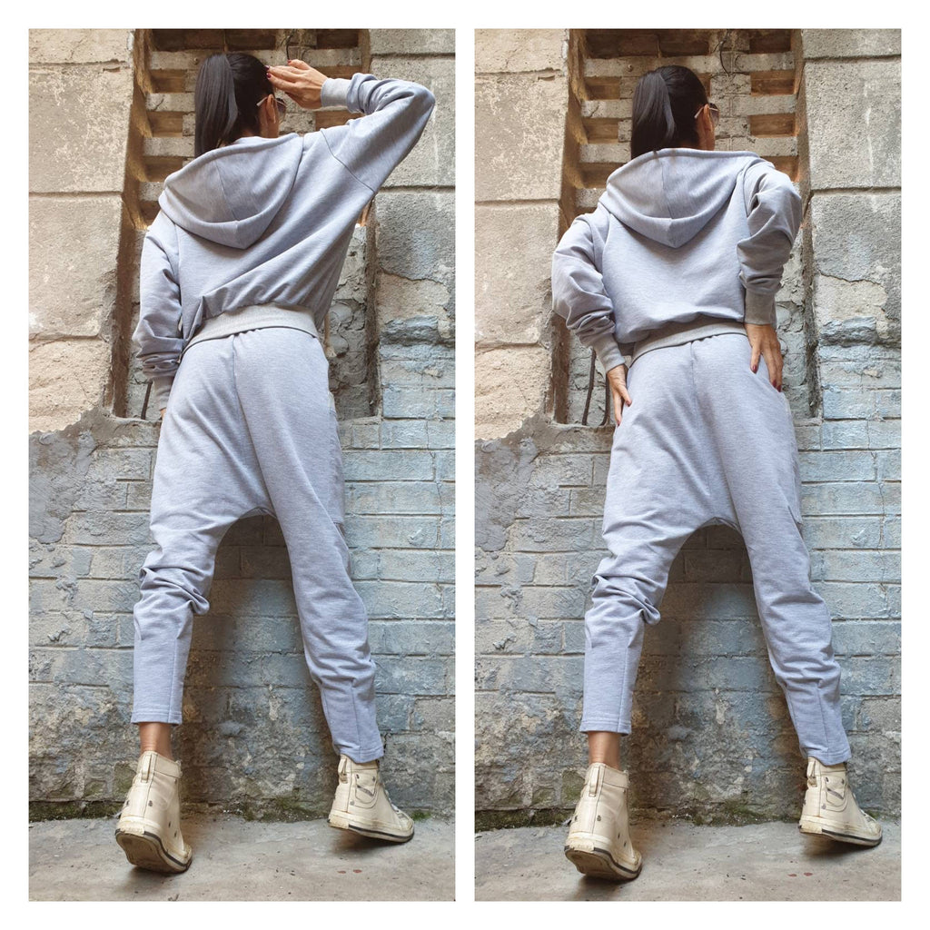 Grey Cotton Tracksuit Set – Women’s Hoodie & Drop-Crotch Harem Pants / Minimalist Streetwear Two-Piece / XS–5XL