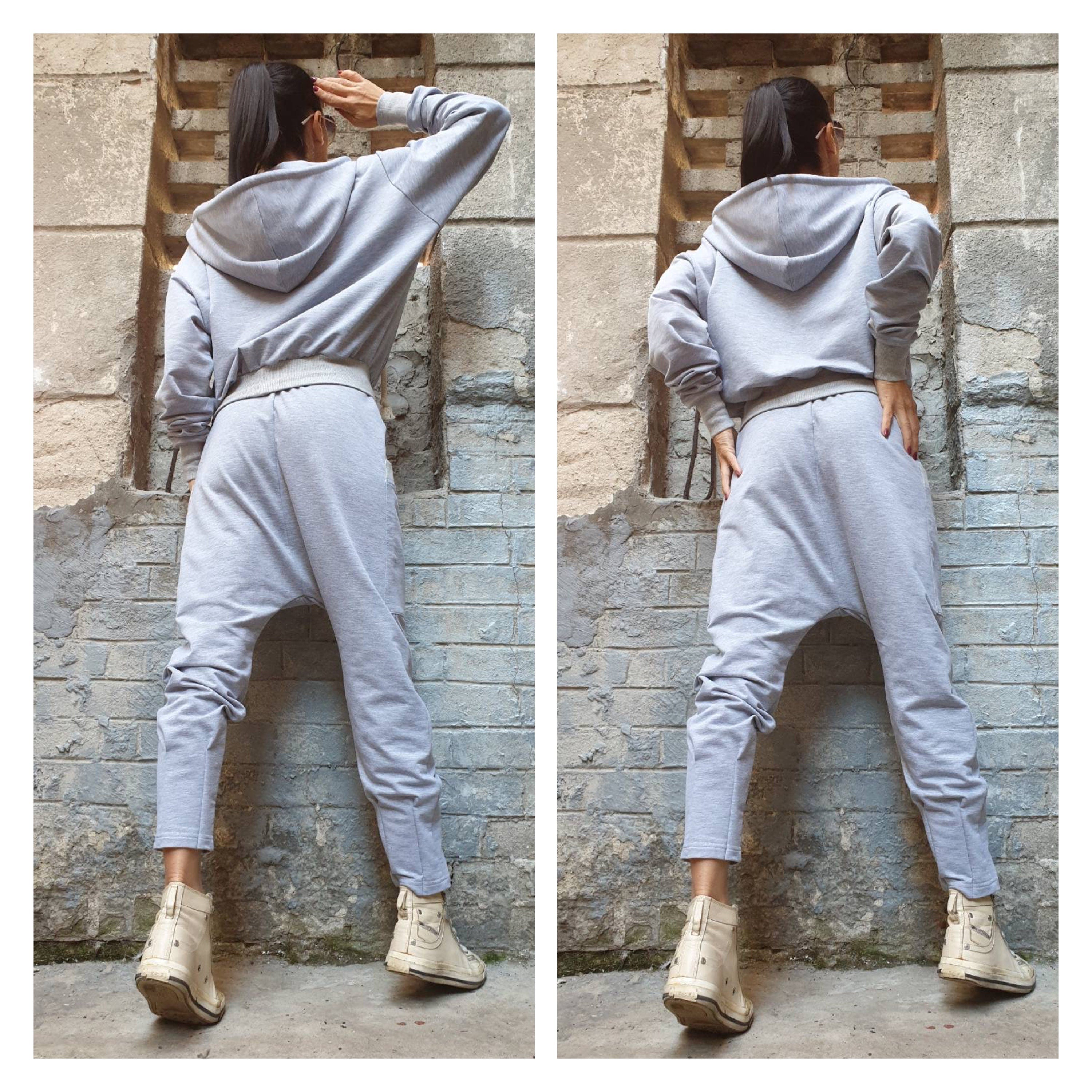 Grey Cotton Tracksuit Set – Women’s Hoodie & Drop-Crotch Harem Pants / Minimalist Streetwear Two-Piece / XS–5XL