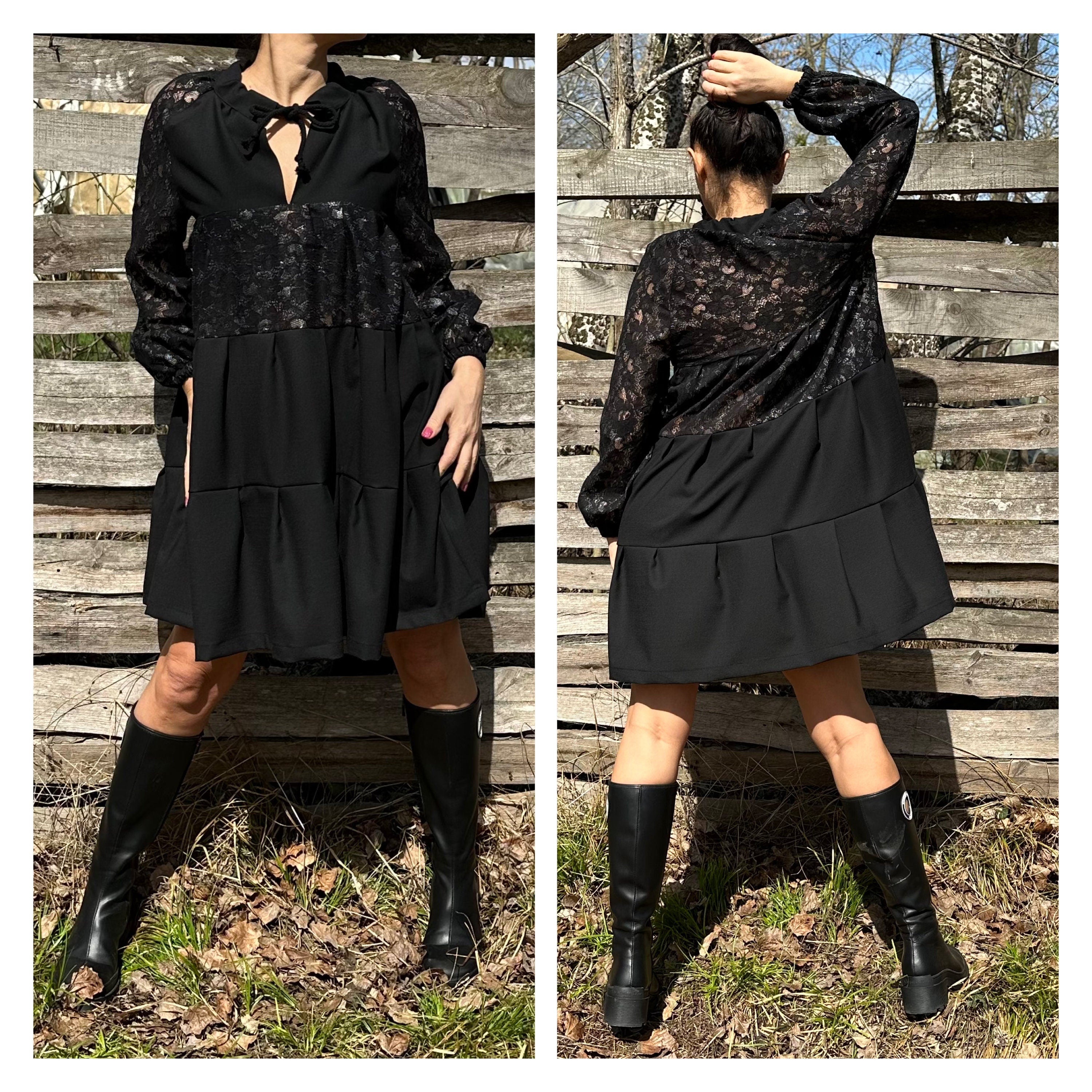Black Tunic with Lace and Cotton – Long Sleeve Tiered Design / Boho Chic Handmade Dress