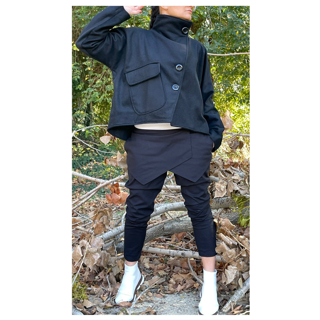 Wool Short Coat  High Collar Black Winter Coat