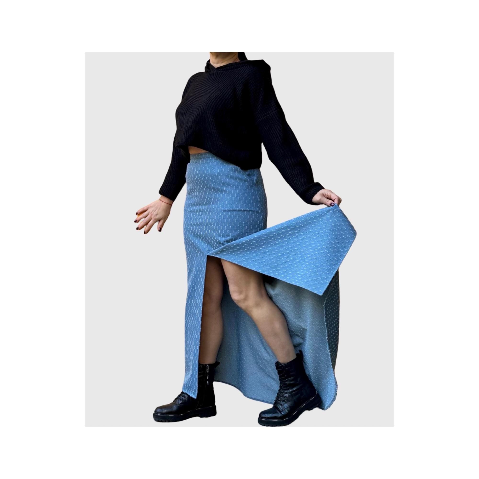 Avant-Garde High Waist Denim Maxi Skirt with Asymmetrical Back Hem