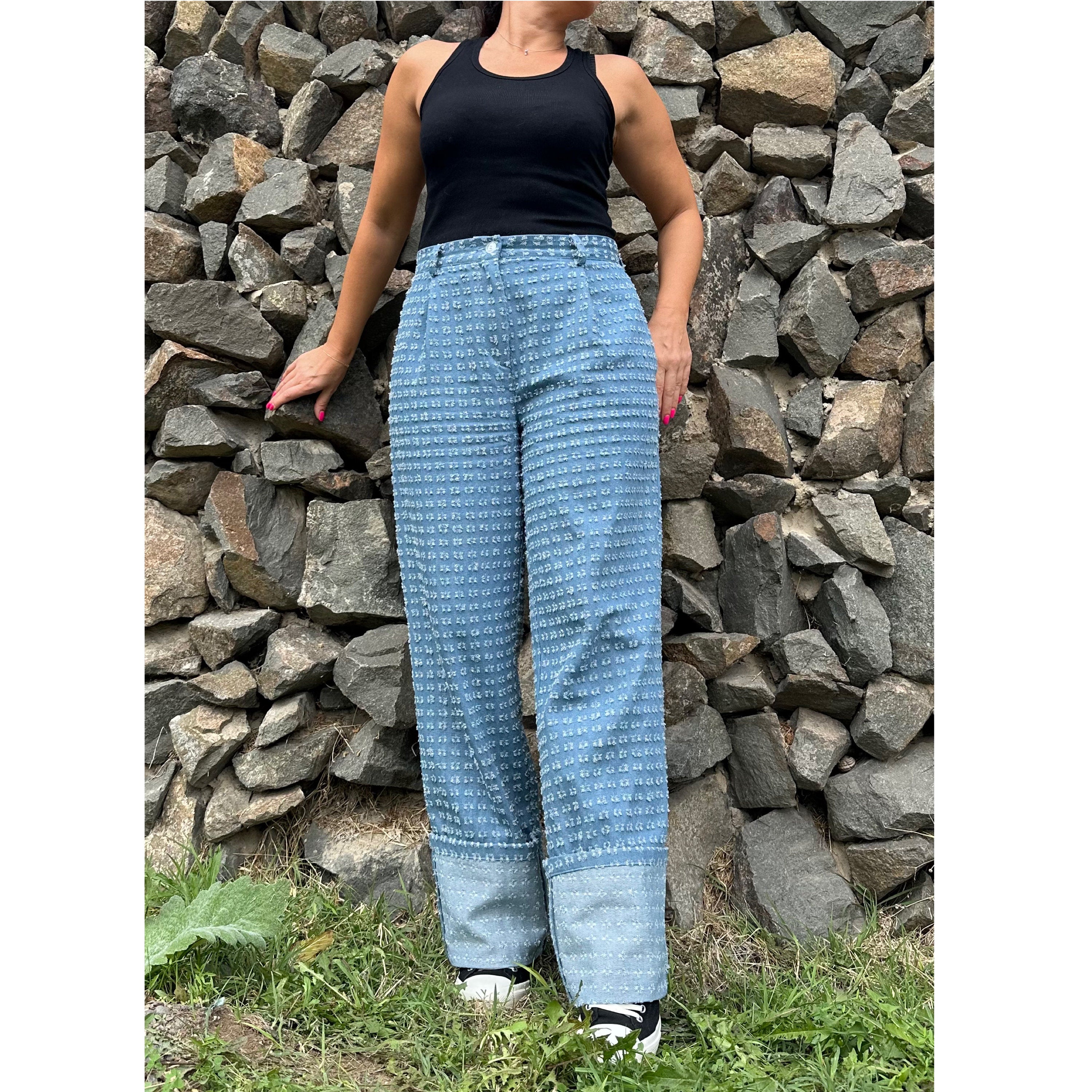 High-Waisted Distressed Denim Pants with Cuffed Hems – Handmade Wide-Leg Jeans with Pockets
