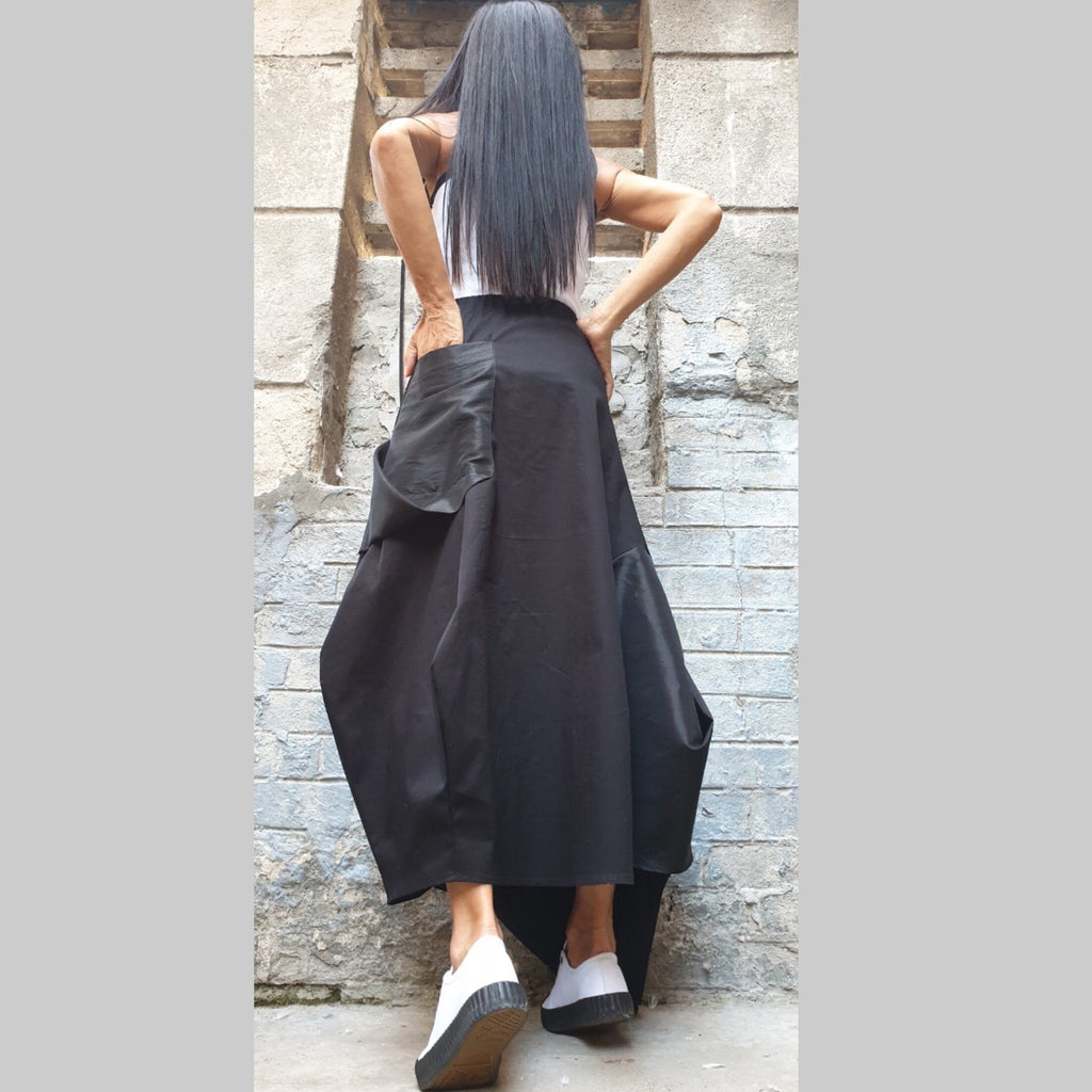 Asymmetric Black Maxi Skirt with Pocket – Avant-Garde High Waist Cotton Skirt