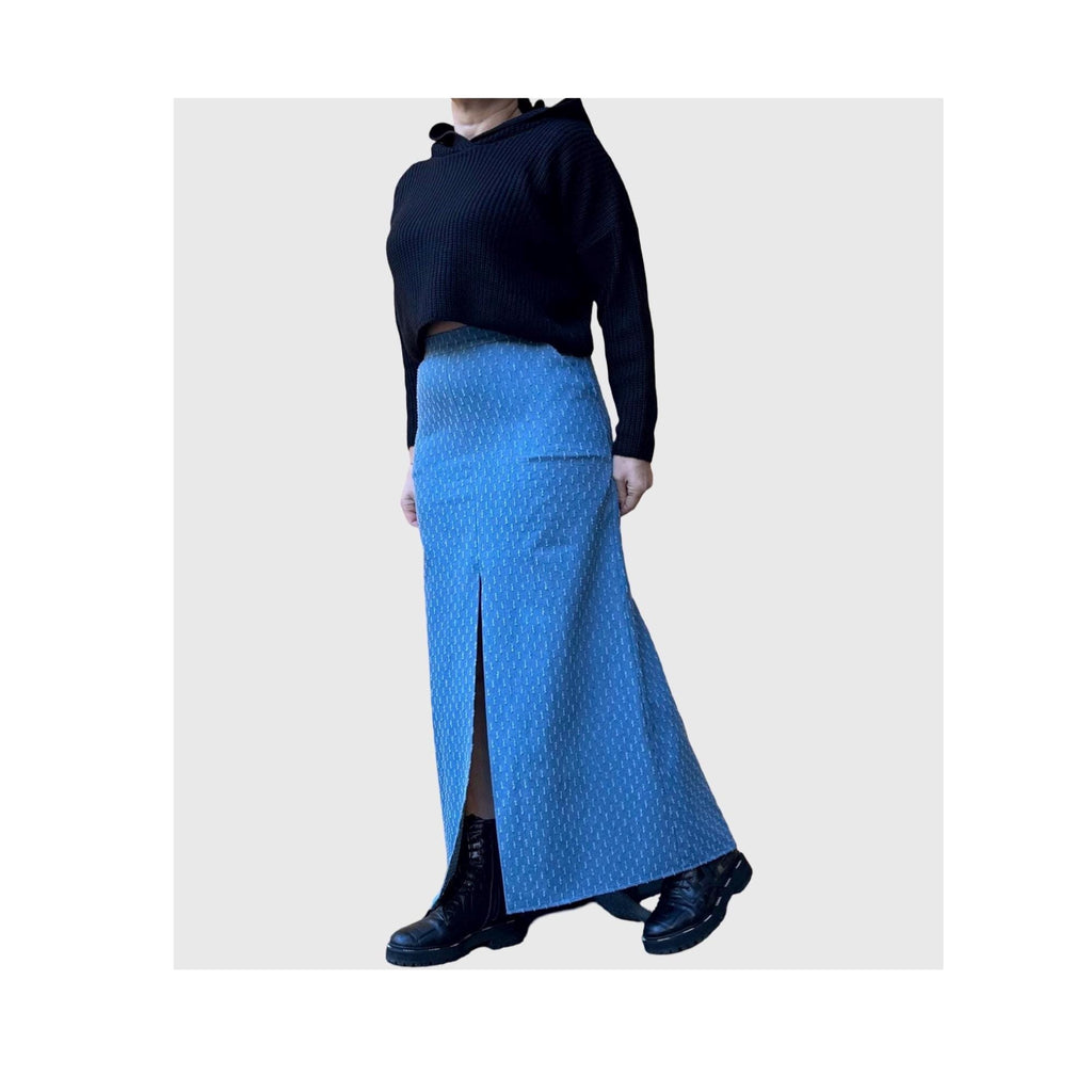Avant-Garde High Waist Denim Maxi Skirt with Asymmetrical Back Hem