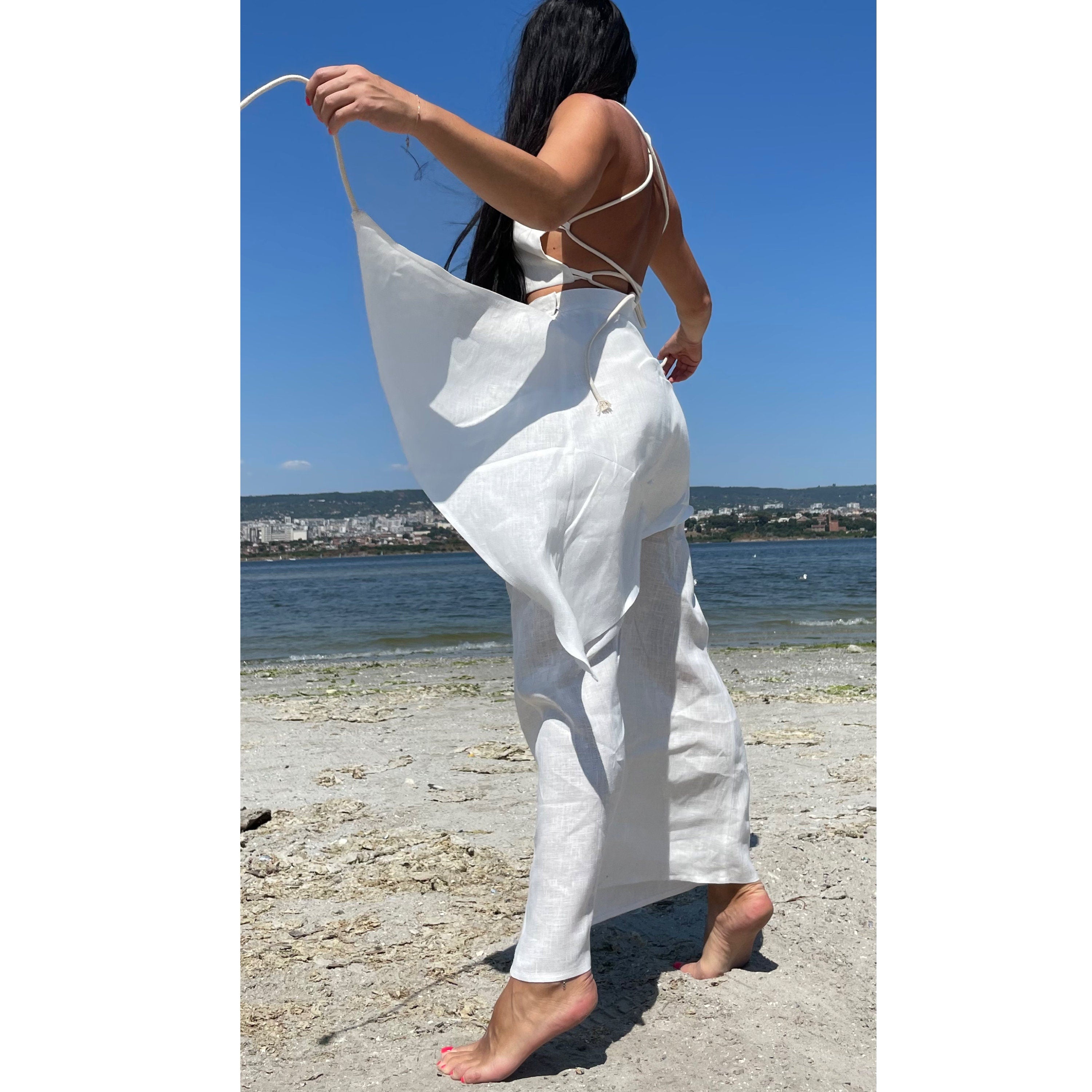 Asymmetrical High-Waisted White Linen Skirt with Wrap Tie Panels – Handmade Minimalist Summer Skirt